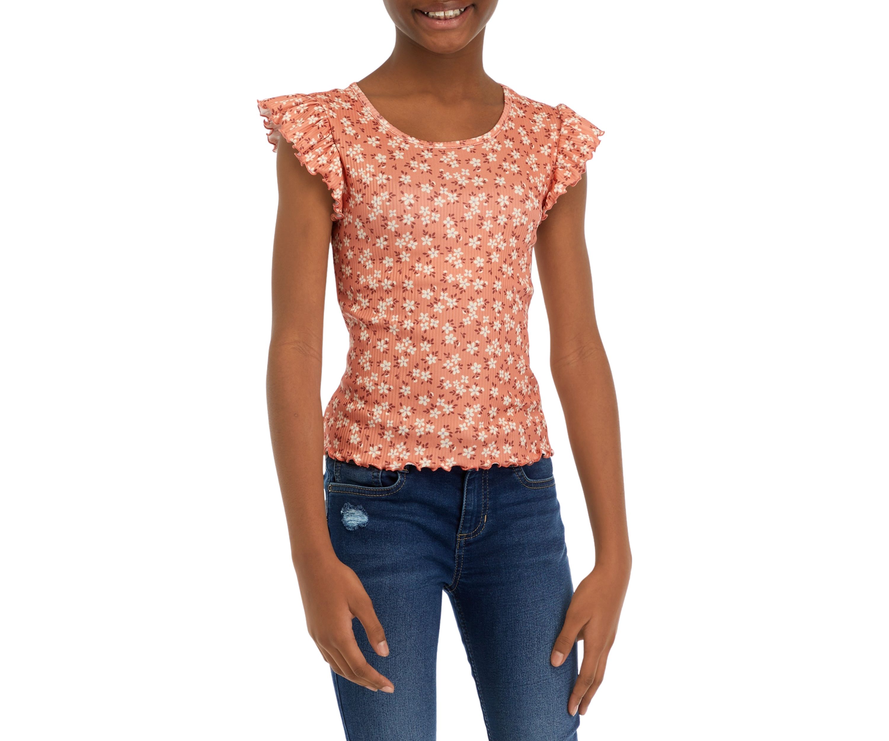 Girls 7-16 Short Ruffle Sleeve Ribbed Top