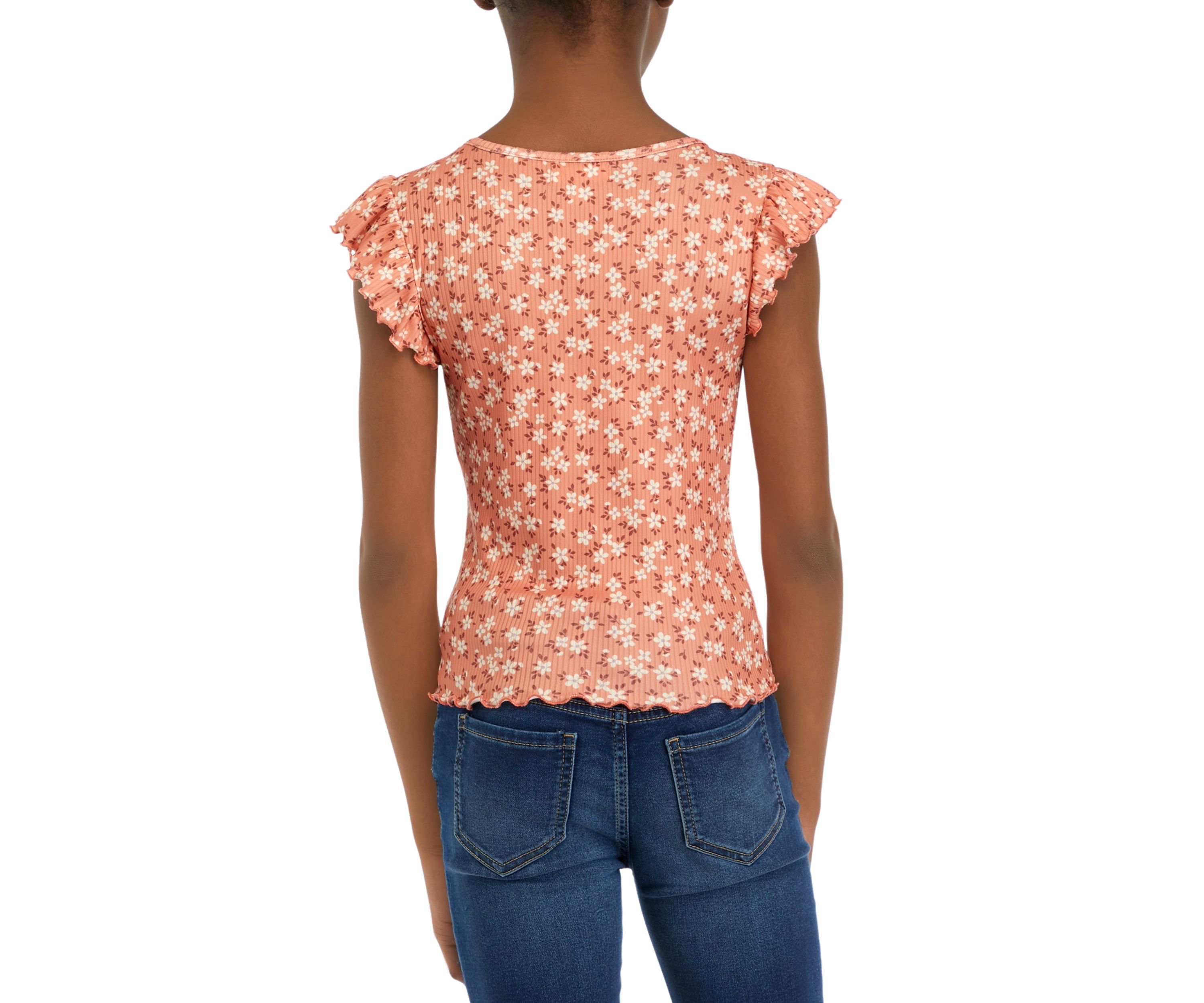 Girls 7-16 Short Ruffle Sleeve Ribbed Top