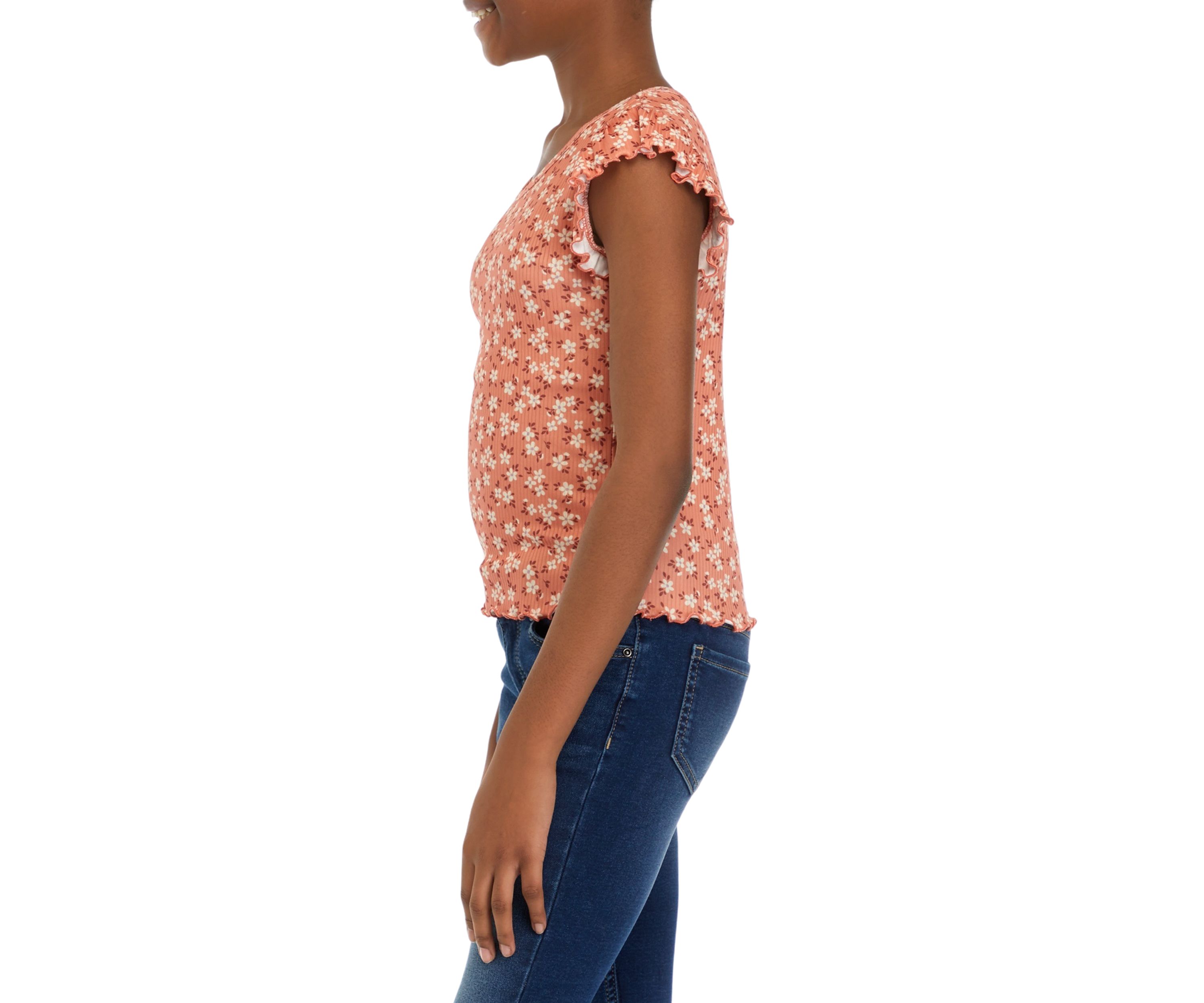 Girls 7-16 Short Ruffle Sleeve Ribbed Top