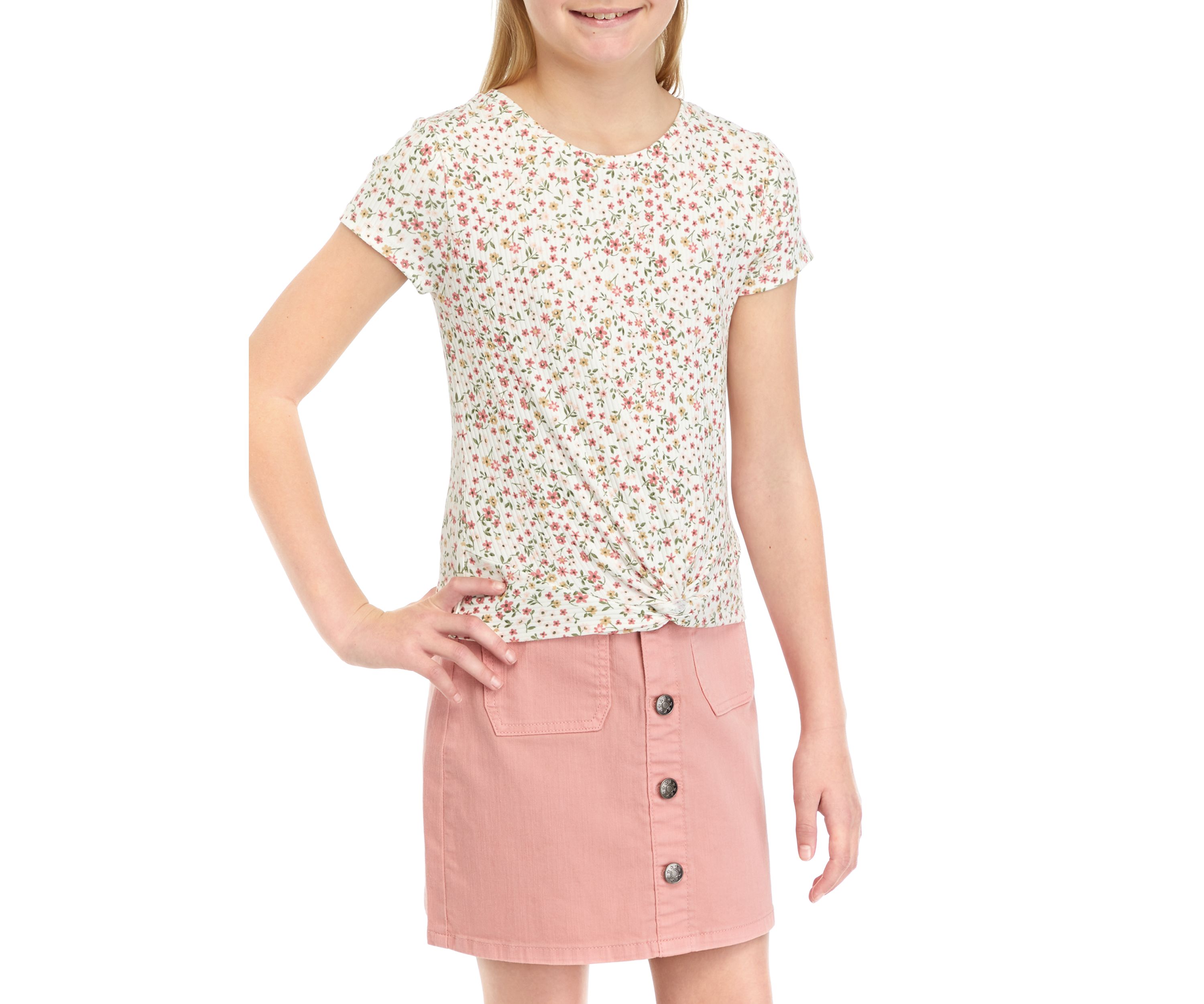 Girls 7-16 Floral Printed Ribbed Knit Twist Top