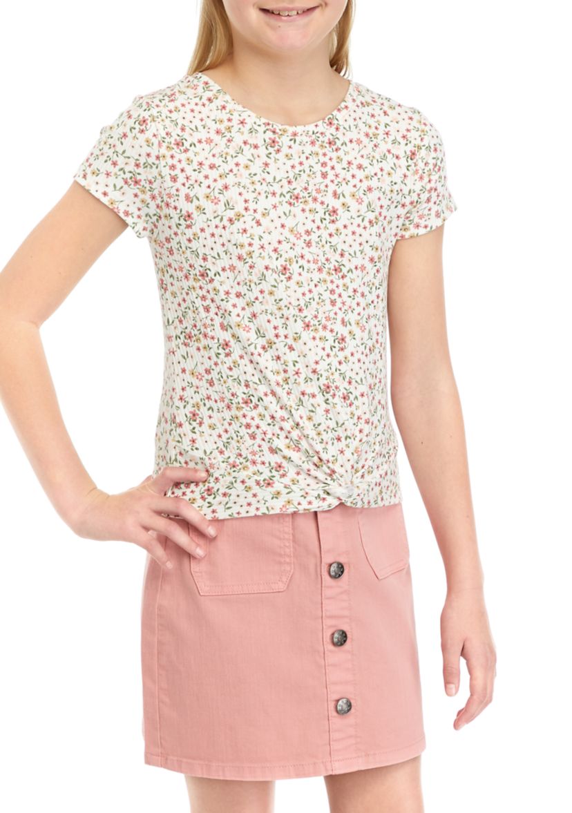 Girls 7-16 Floral Printed Ribbed Knit Twist Top