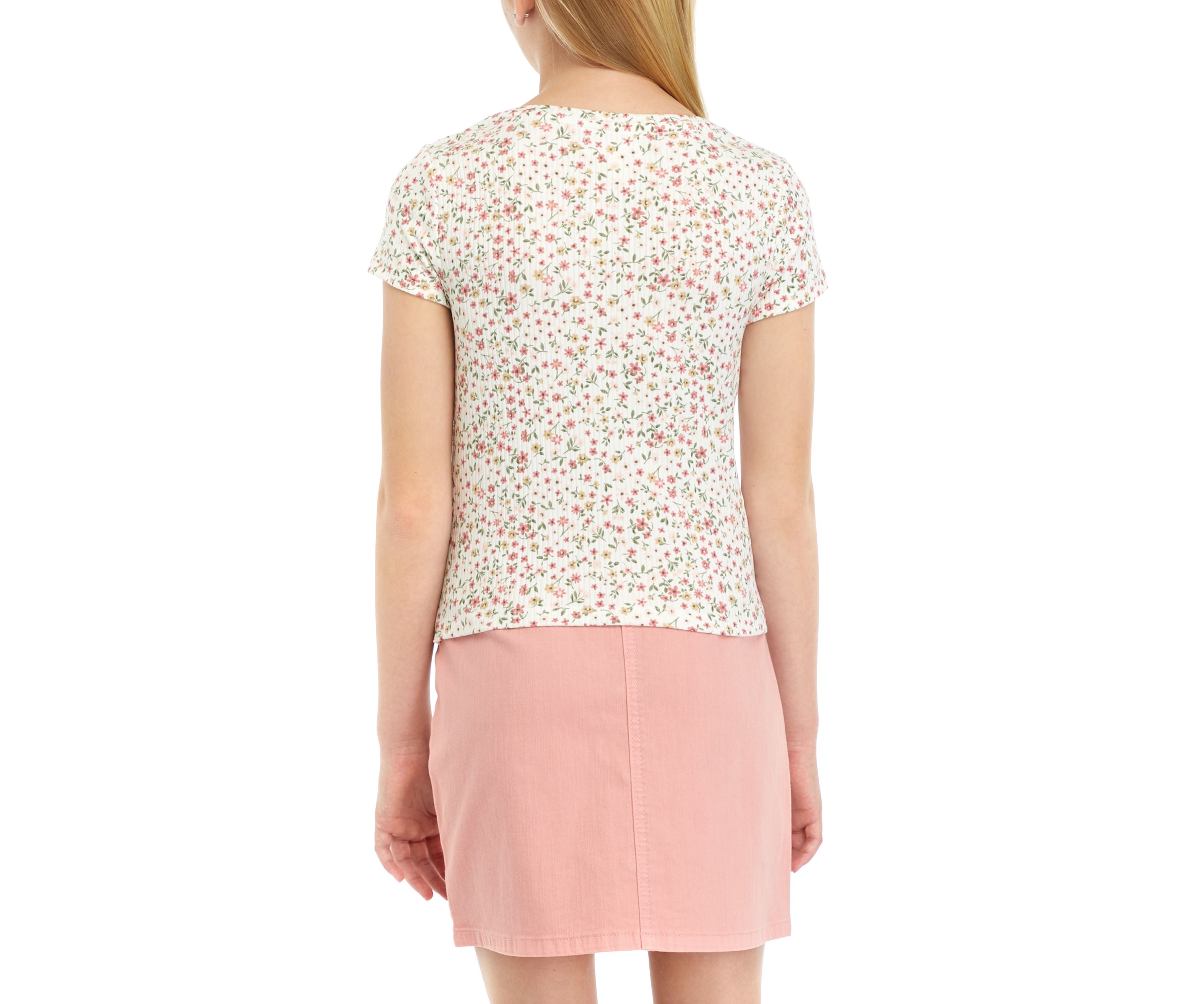 Girls 7-16 Floral Printed Ribbed Knit Twist Top
