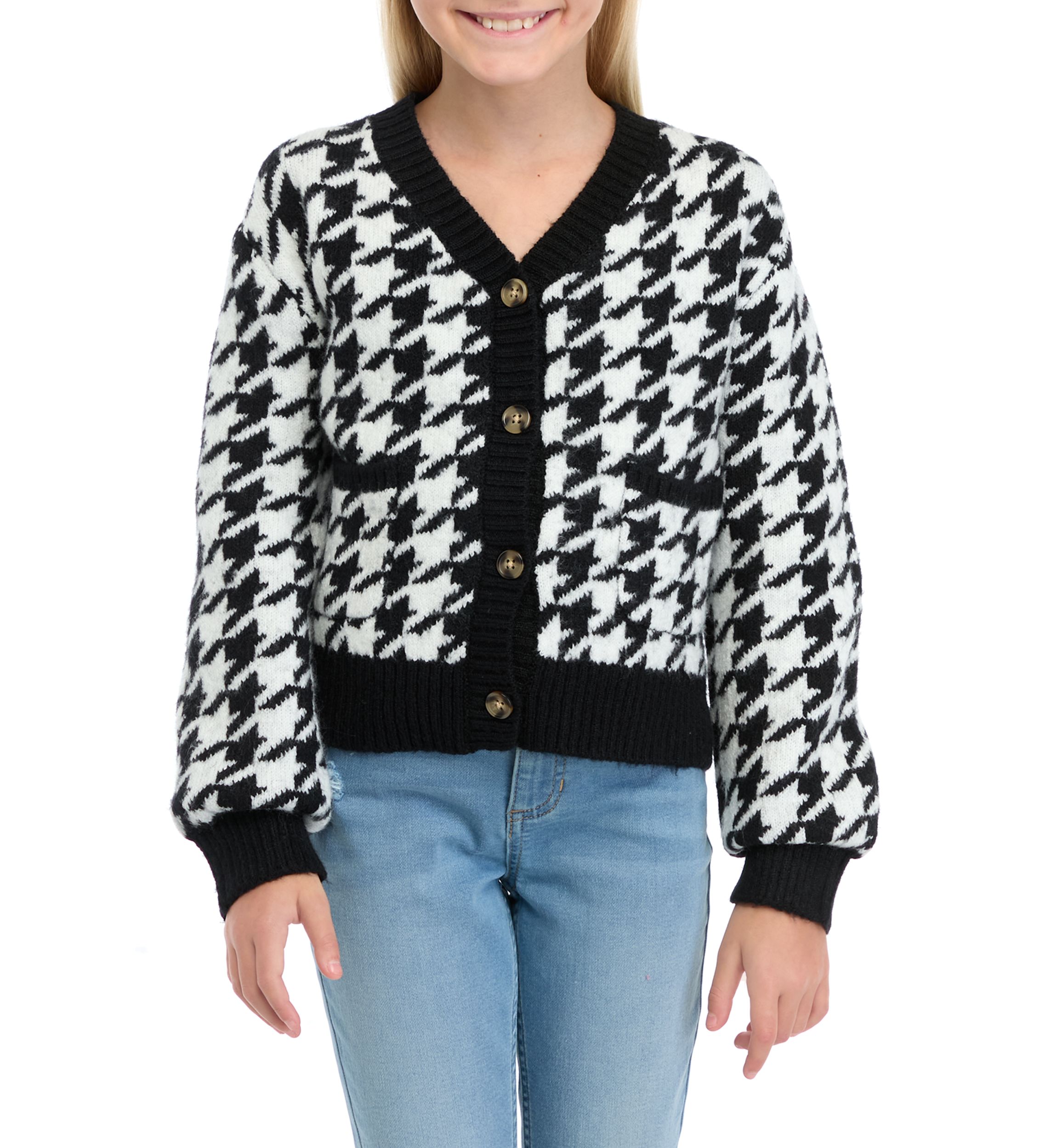 Girls 7-16 Houndstooth Knit Cardigan