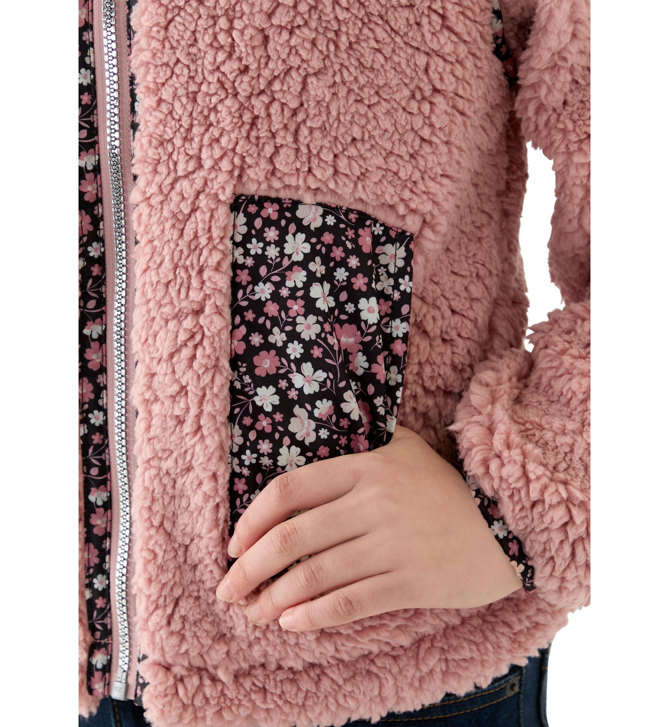 Girls 7-16 Sherpa Jacket with Printed Pockets