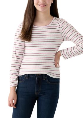 Derek Heart Girls 7-16 Ribbed Knit Printed Top, Grey