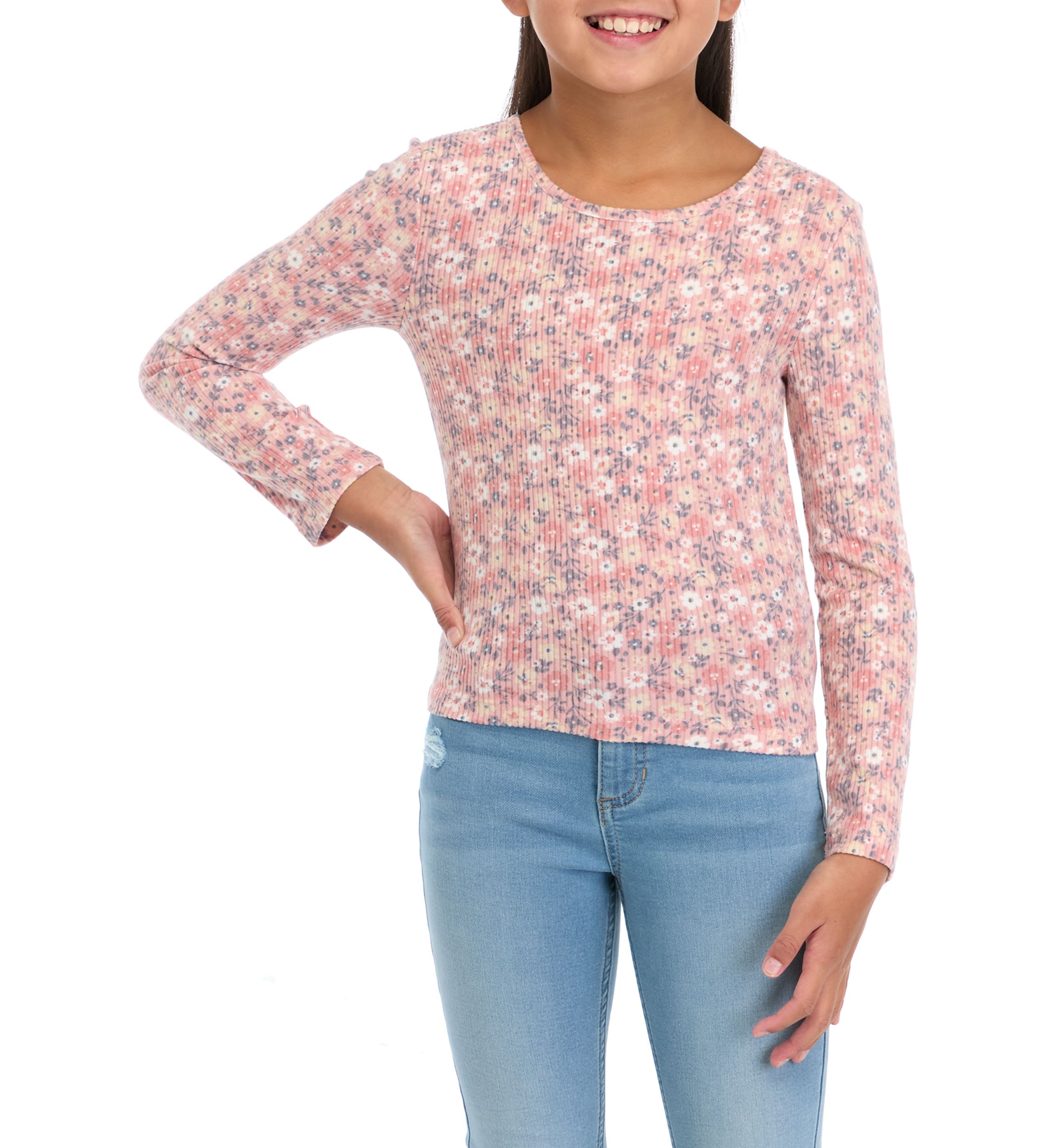Girls 7-16 Floral Printed Seamless Waffle Knit Top