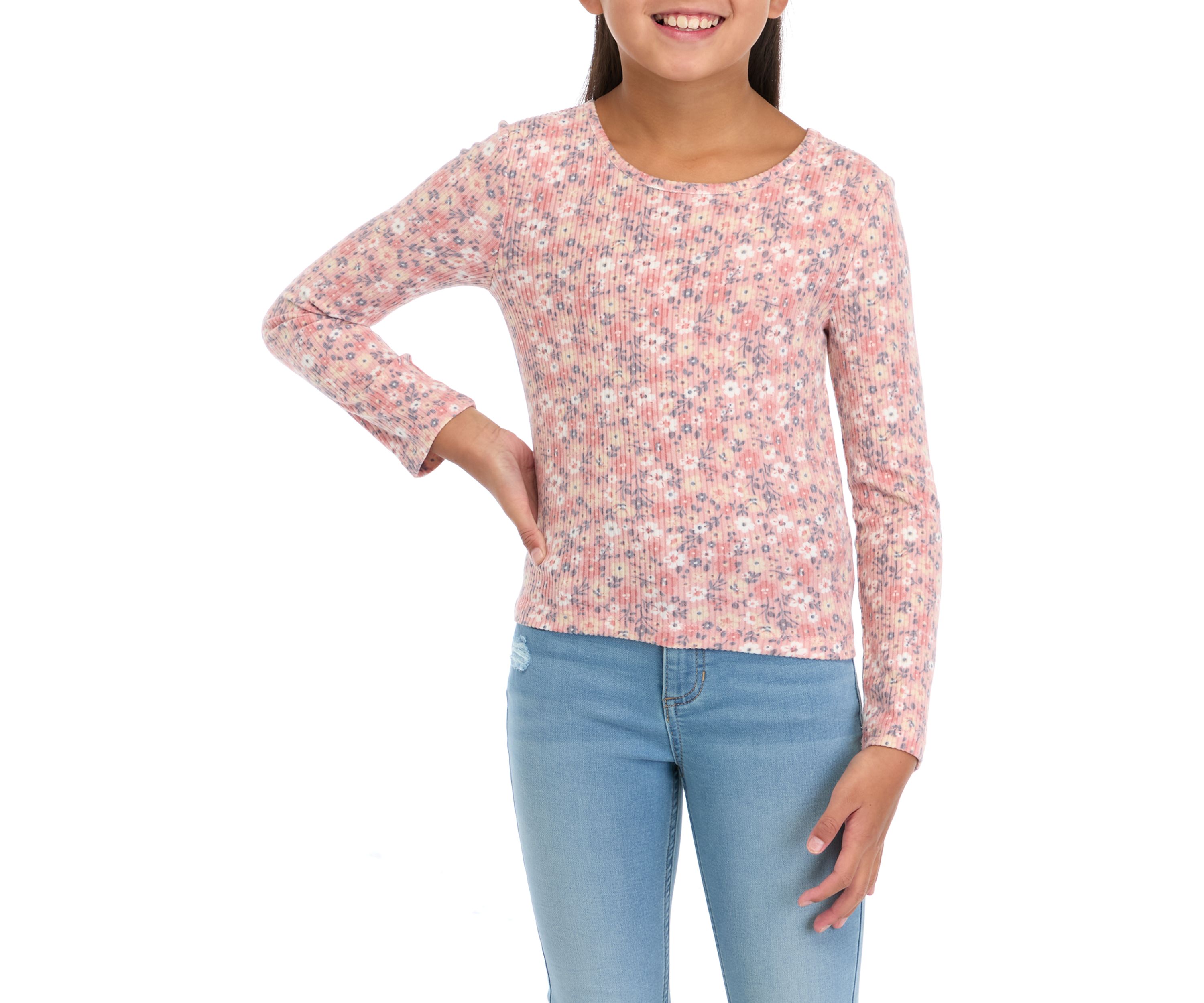 Girls 7-16 Floral Printed Seamless Waffle Knit Top