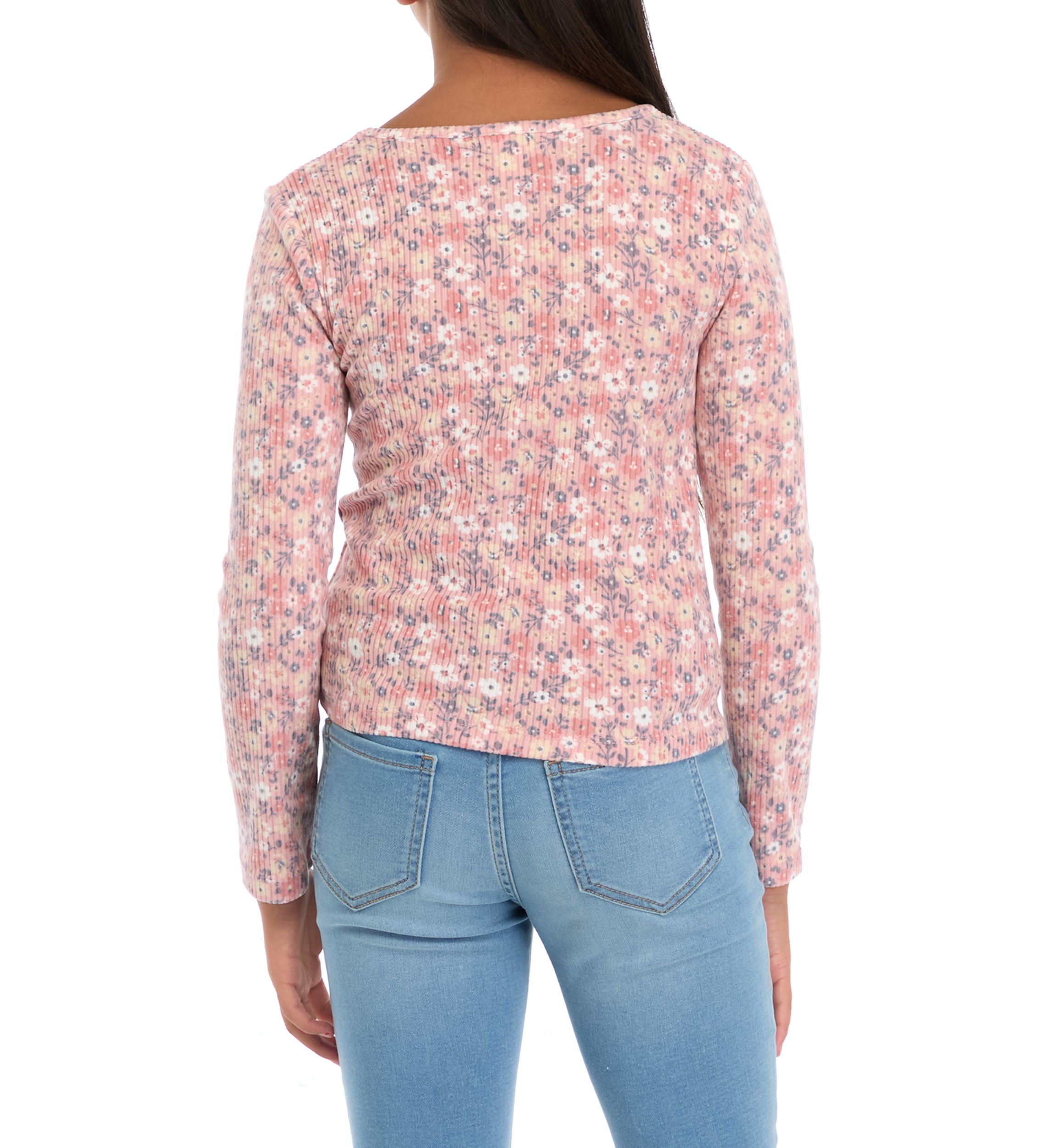 Girls 7-16 Floral Printed Seamless Waffle Knit Top