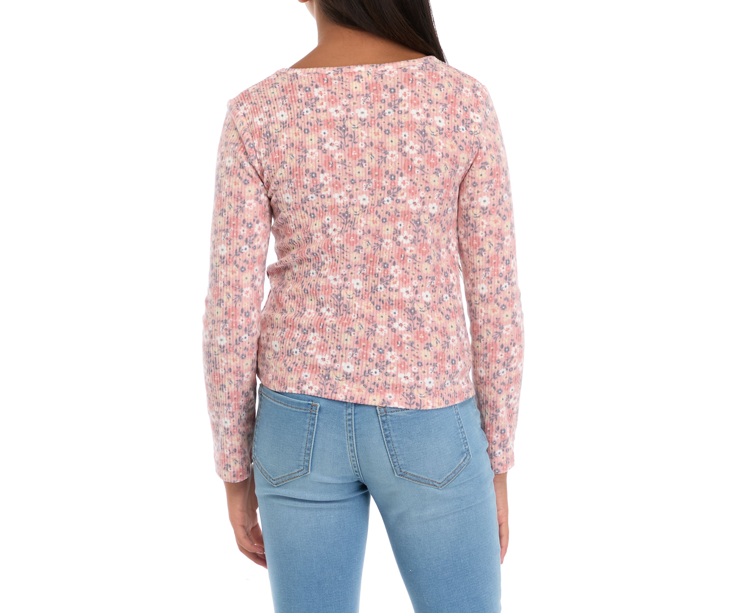 Girls 7-16 Floral Printed Seamless Waffle Knit Top