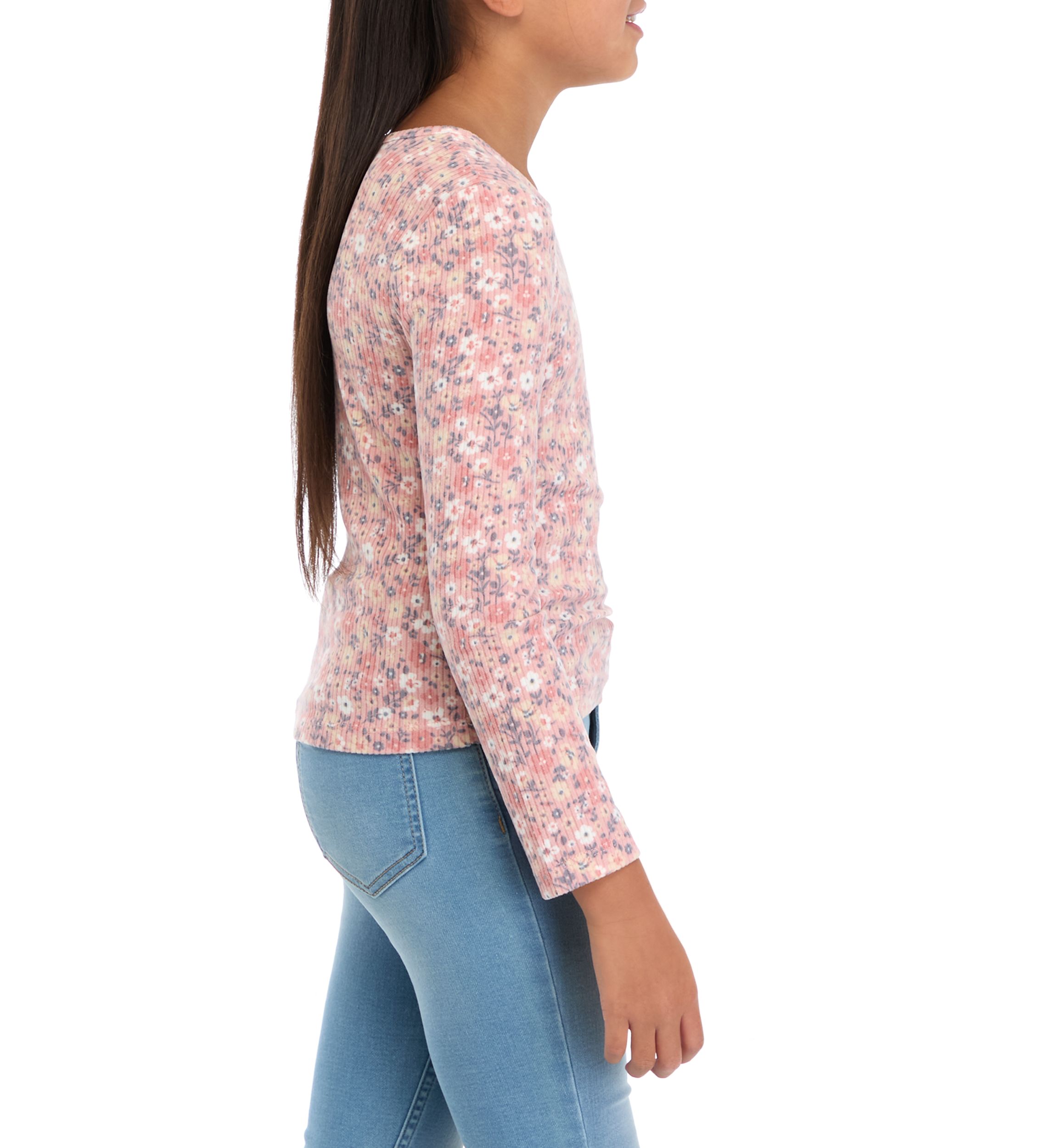 Girls 7-16 Floral Printed Seamless Waffle Knit Top