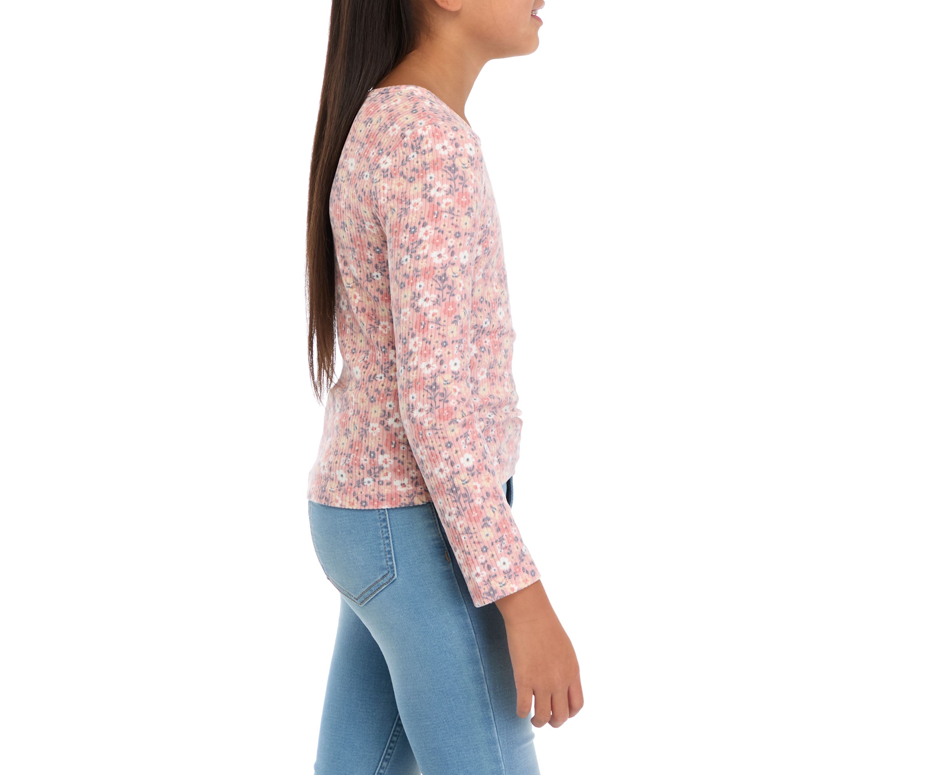 Girls 7-16 Floral Printed Seamless Waffle Knit Top
