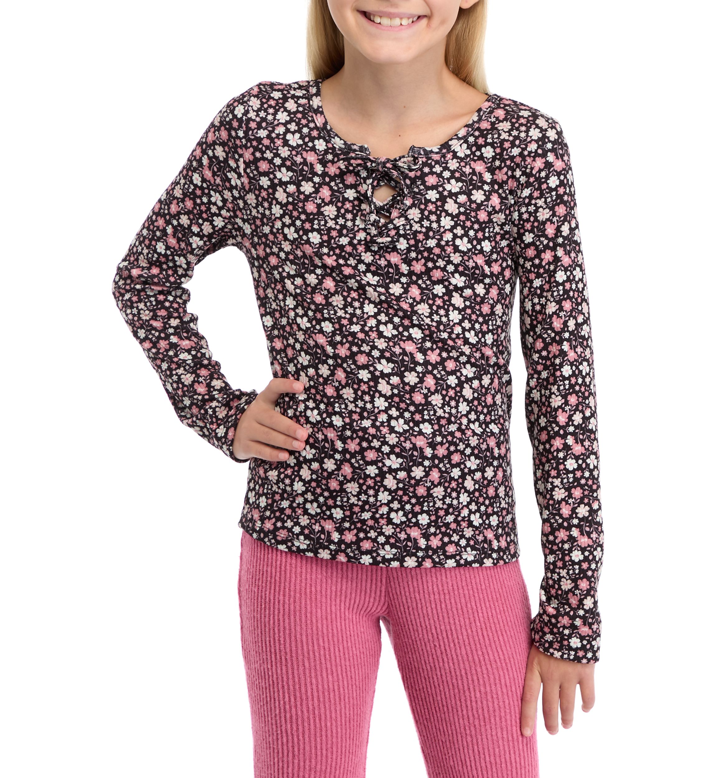 Girls 7-16 Waffle Knit Lace Up Neck Top