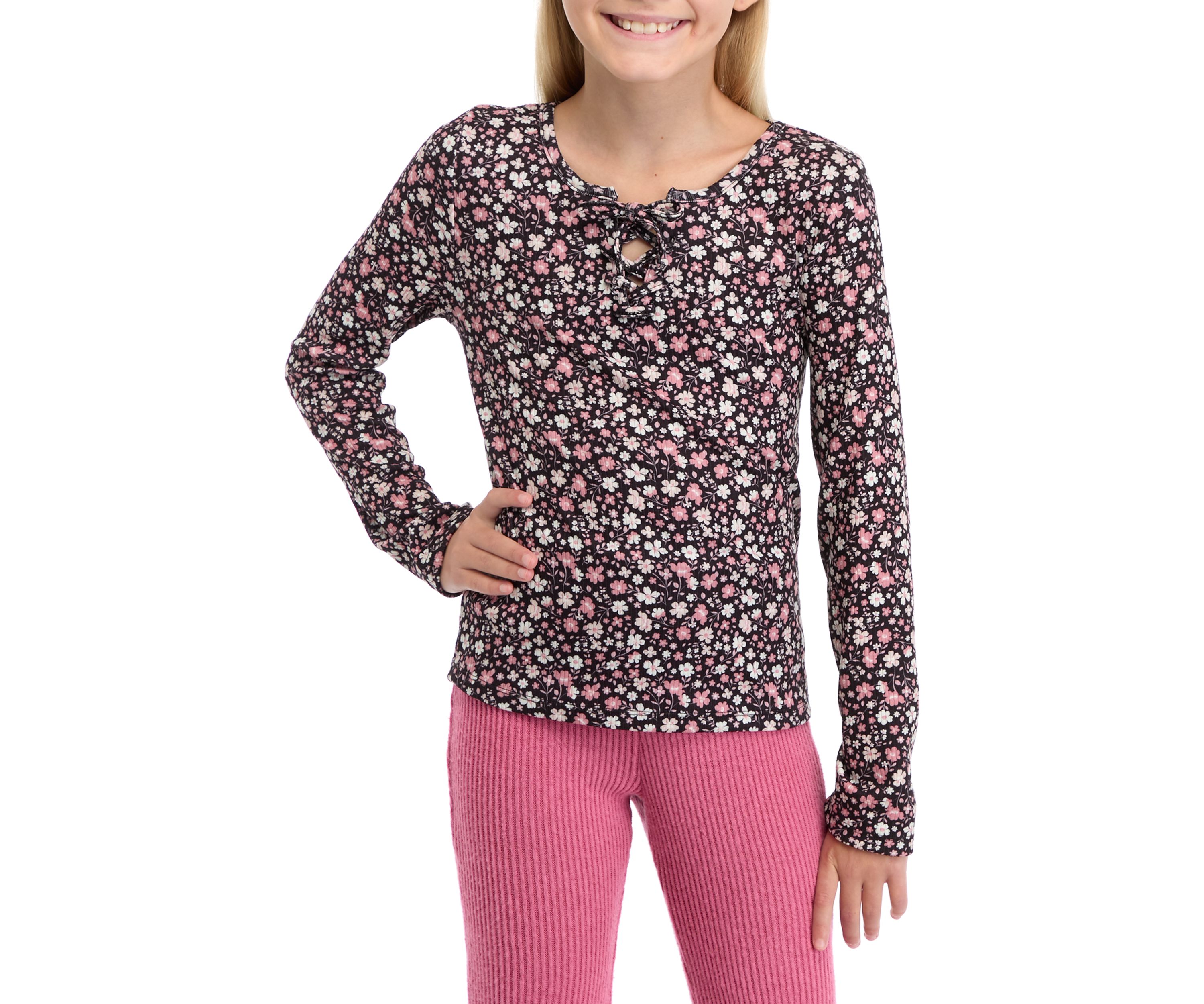 Girls 7-16 Waffle Knit Lace Up Neck Top