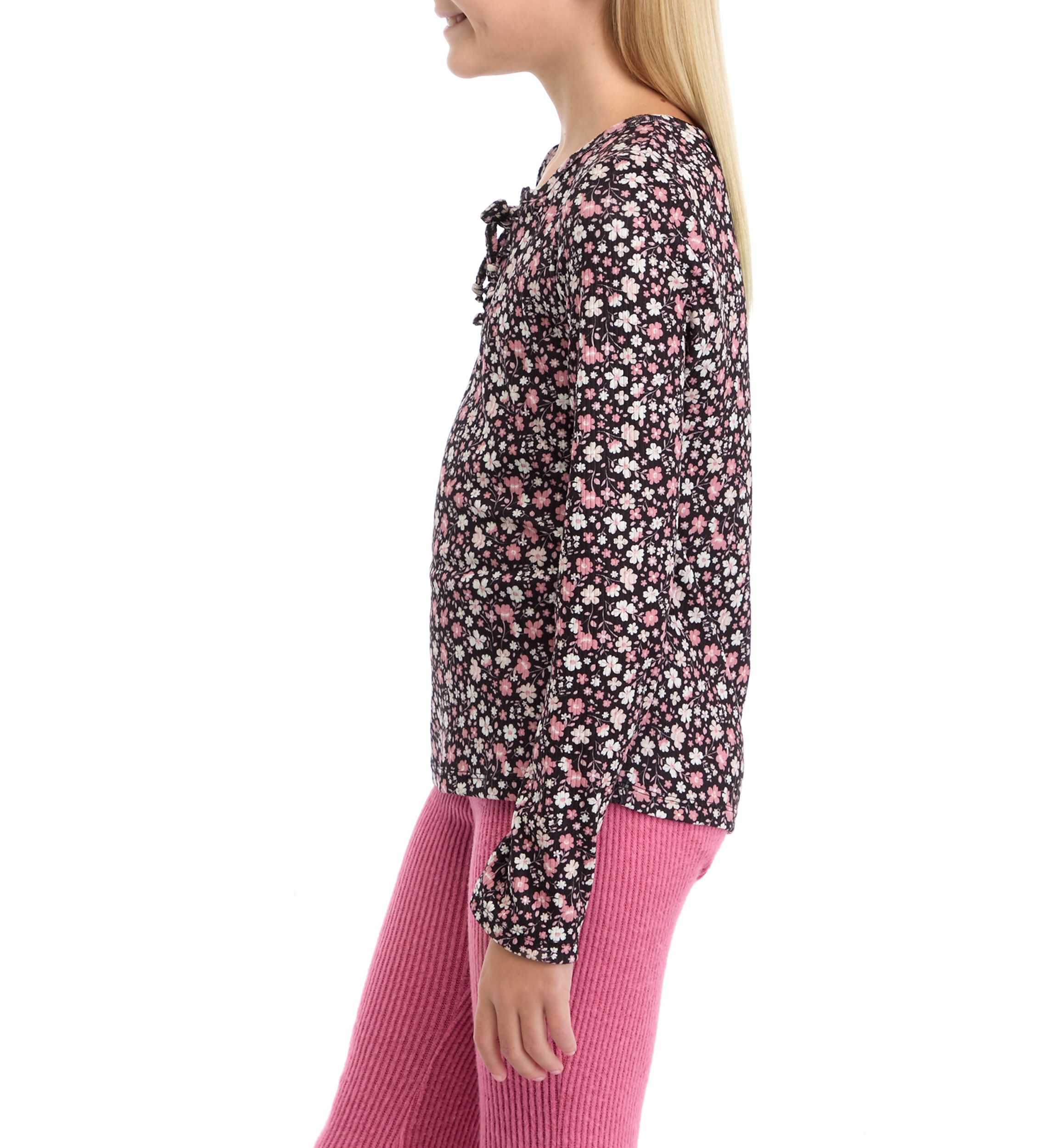 Girls 7-16 Waffle Knit Lace Up Neck Top