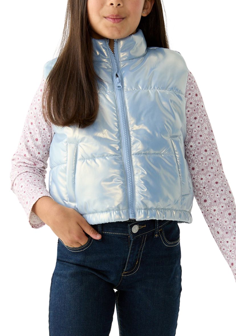 Girls 7-16 Metallic Vest with Long Sleeve Printed T-Shirt