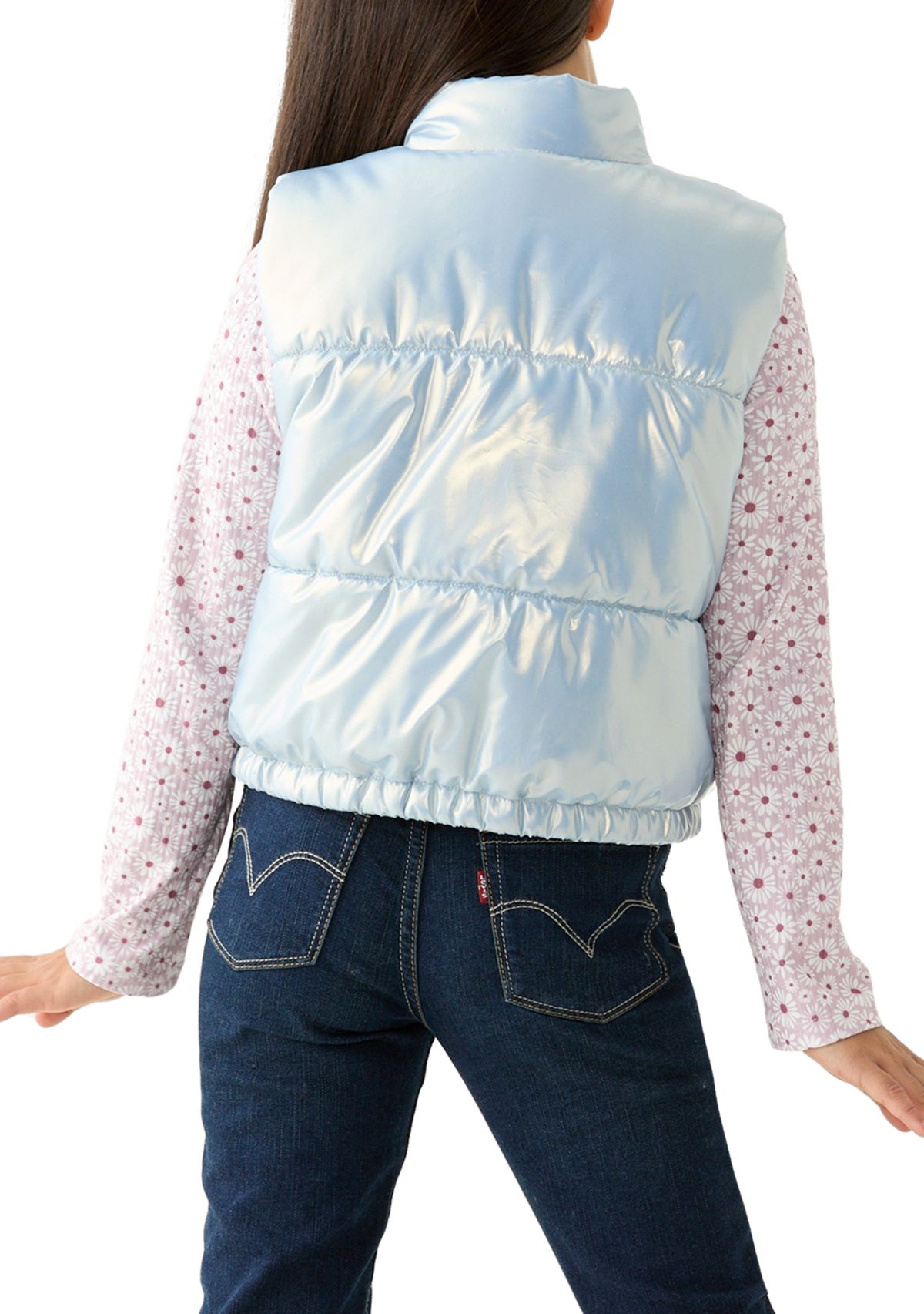 Girls 7-16 Metallic Vest with Long Sleeve Printed T-Shirt