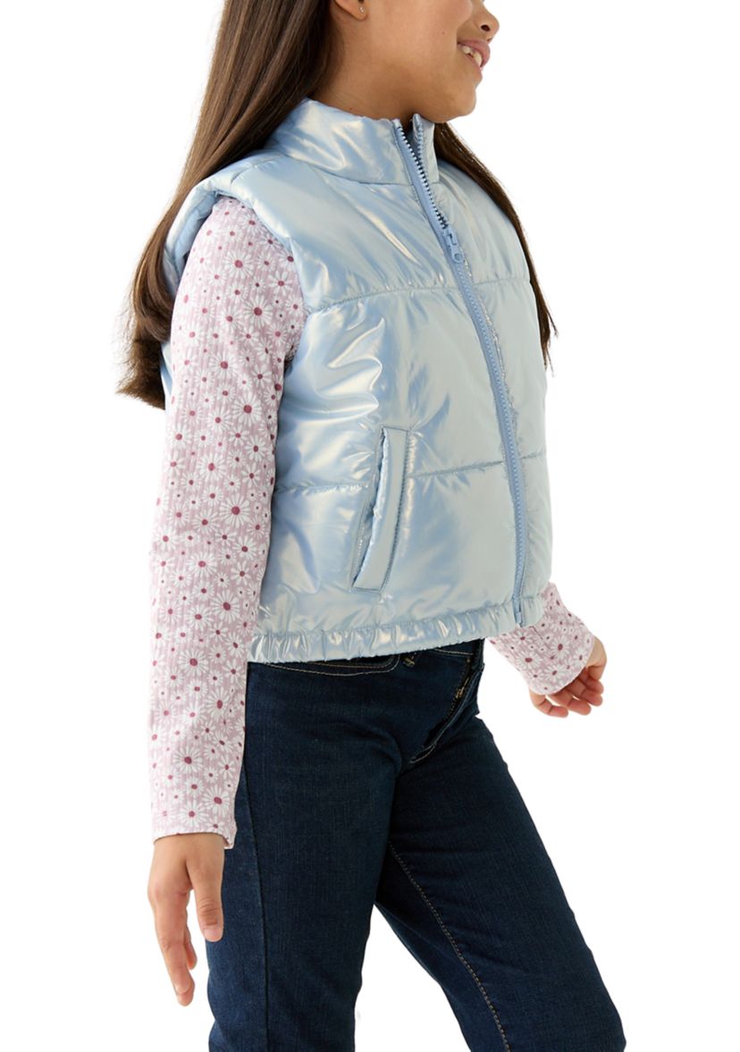 Girls 7-16 Metallic Vest with Long Sleeve Printed T-Shirt