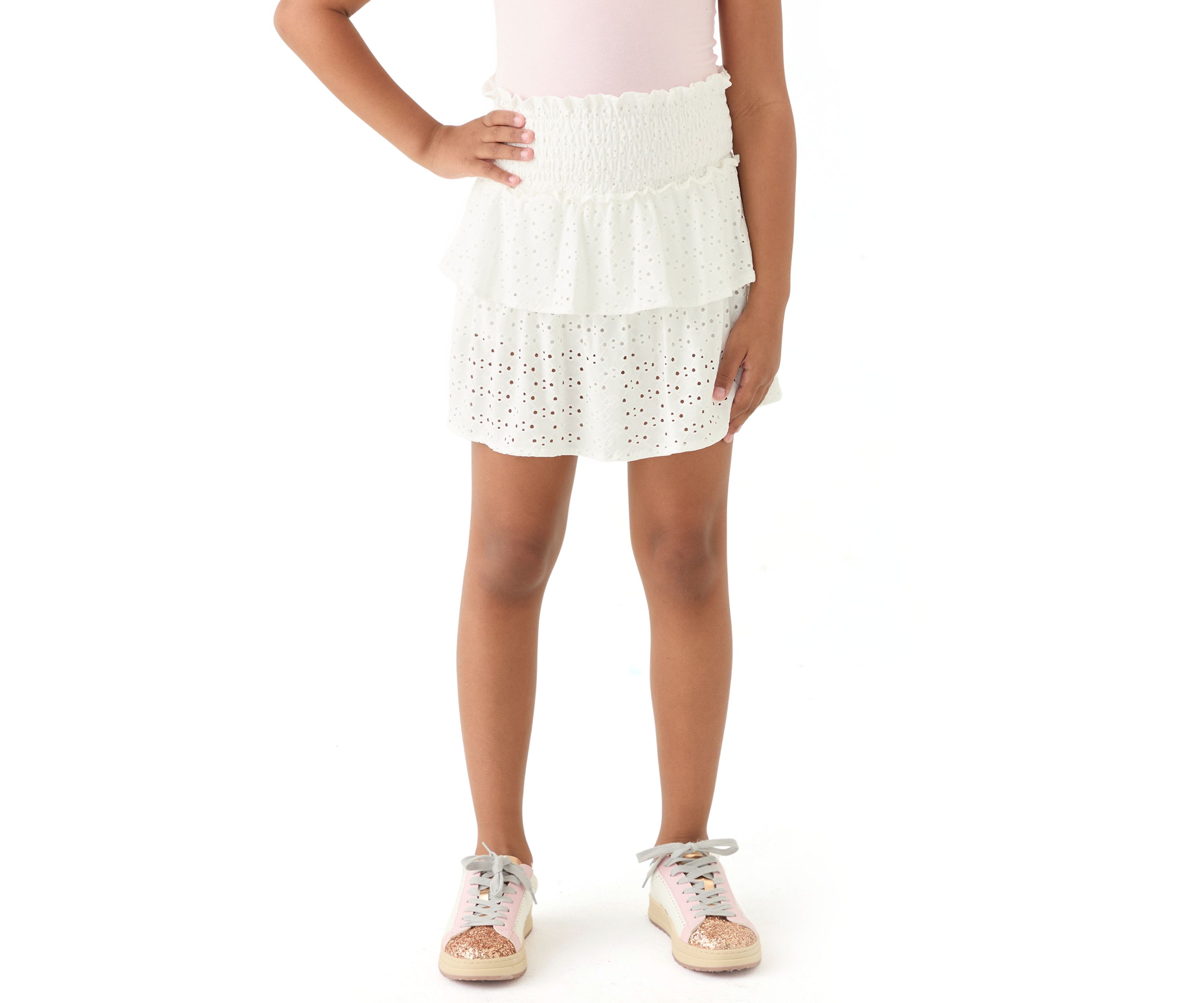 Girls 7-16 Knit Eyelet Smocked Skort