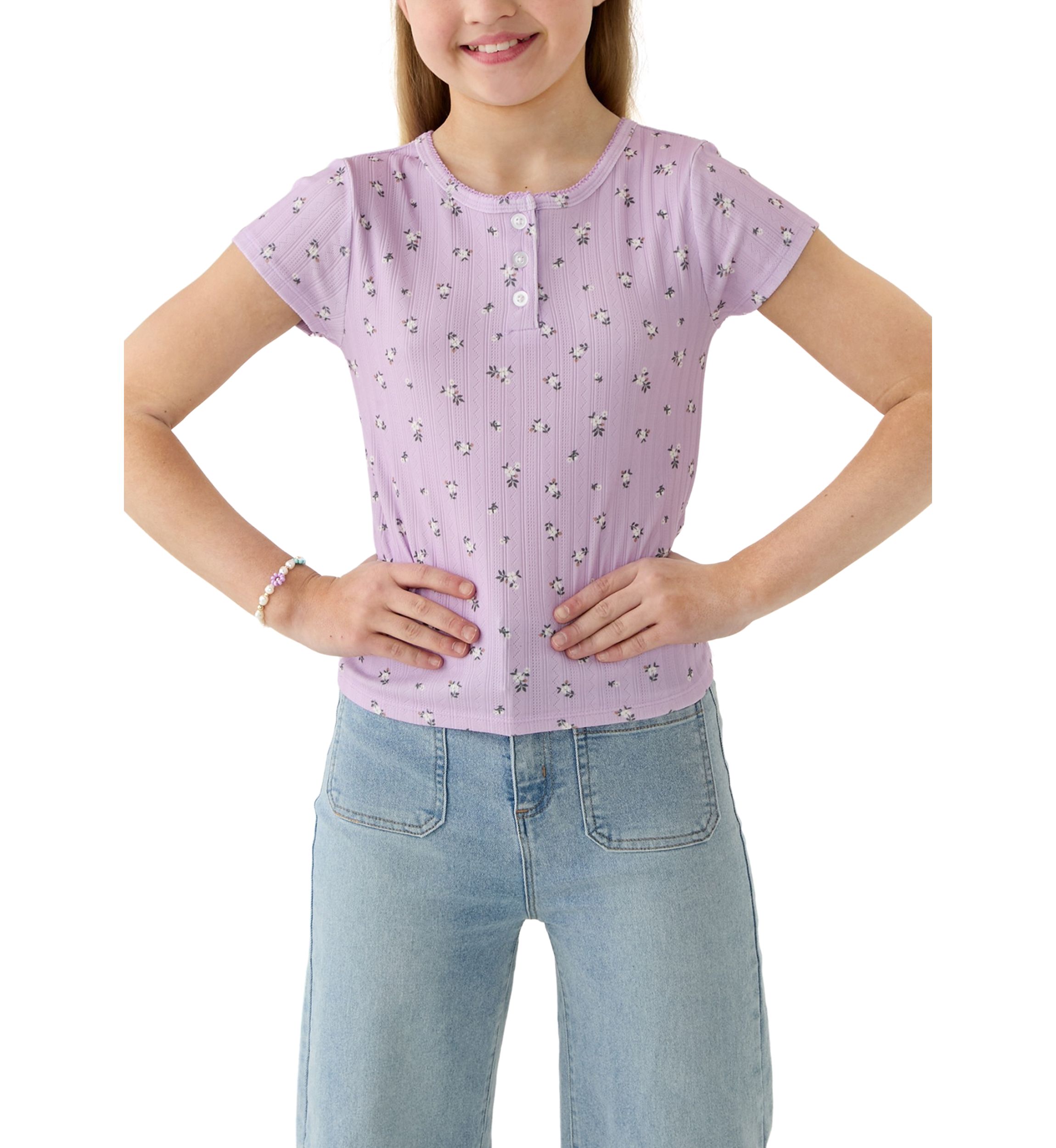 Girls 7-16 Printed Pointelle Henley Shirt
