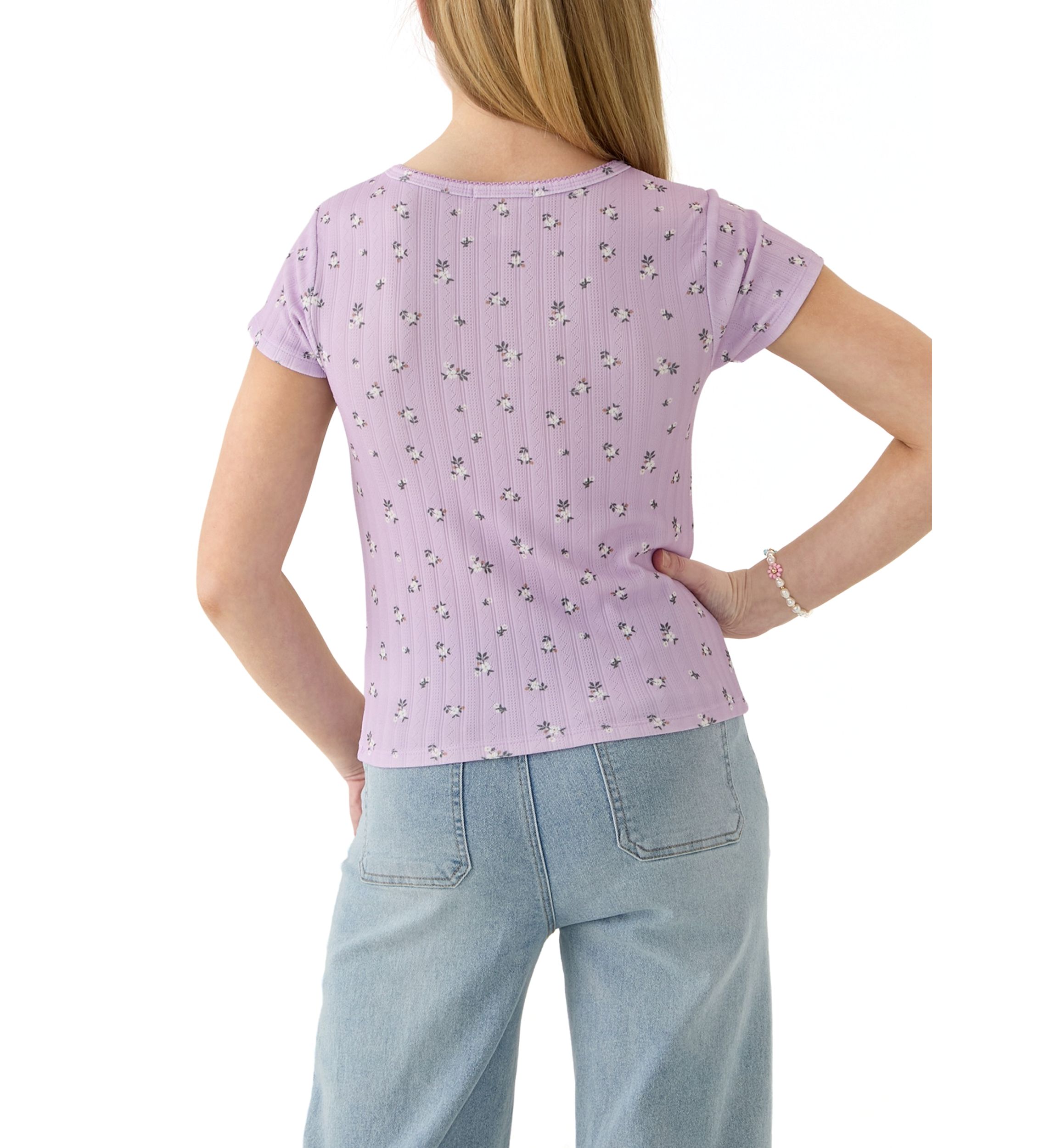 Girls 7-16 Printed Pointelle Henley Shirt