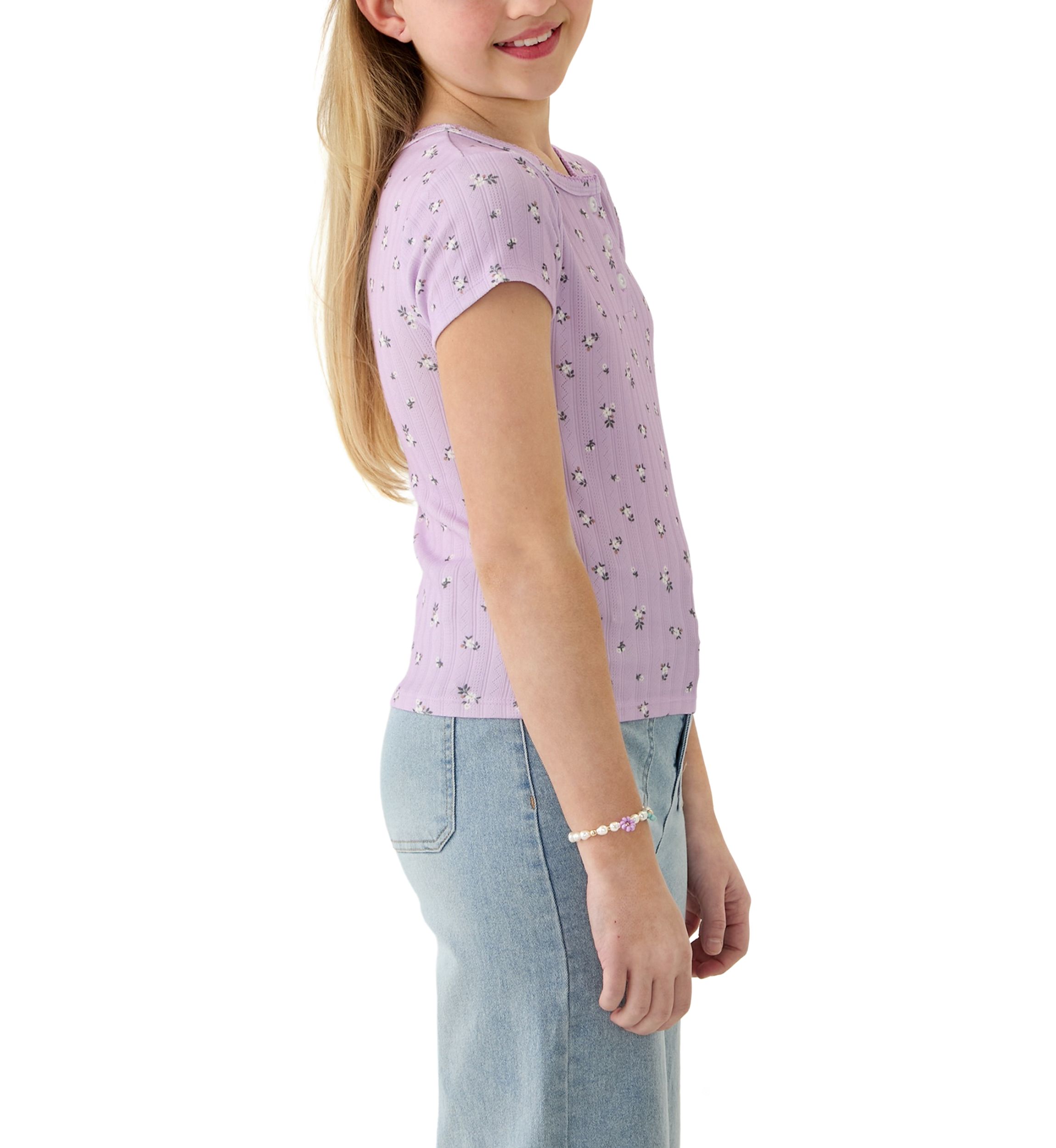 Girls 7-16 Printed Pointelle Henley Shirt