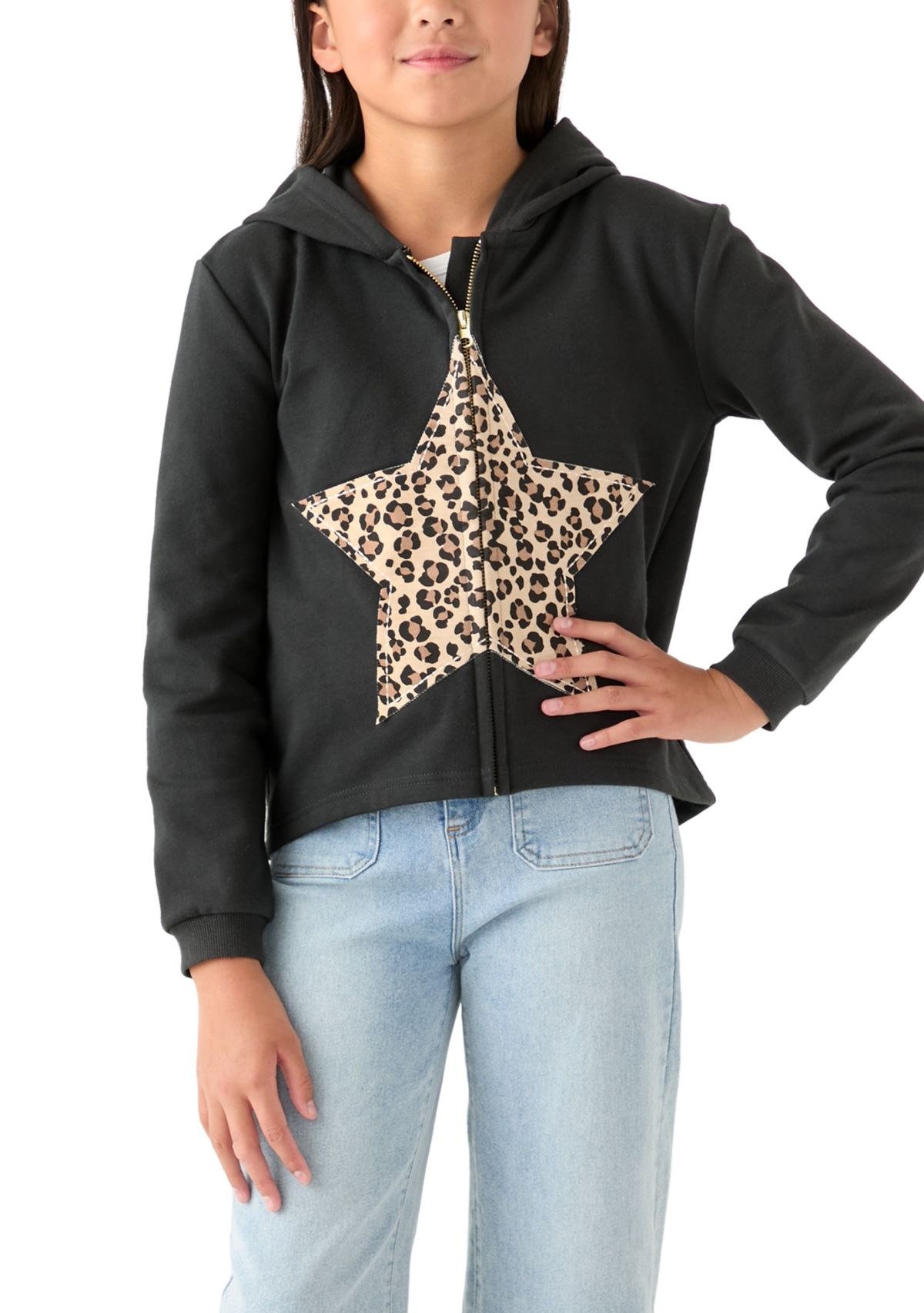 Girls 7-16 Fleece Zip Hoodie with Star Leopard Appliqué