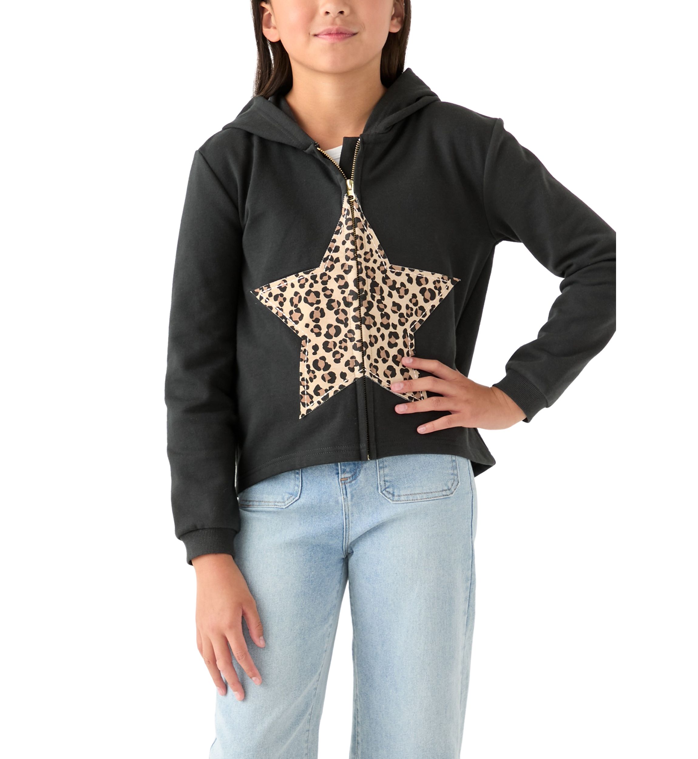 Girls 7-16 Fleece Zip Hoodie with Star Leopard Appliqué