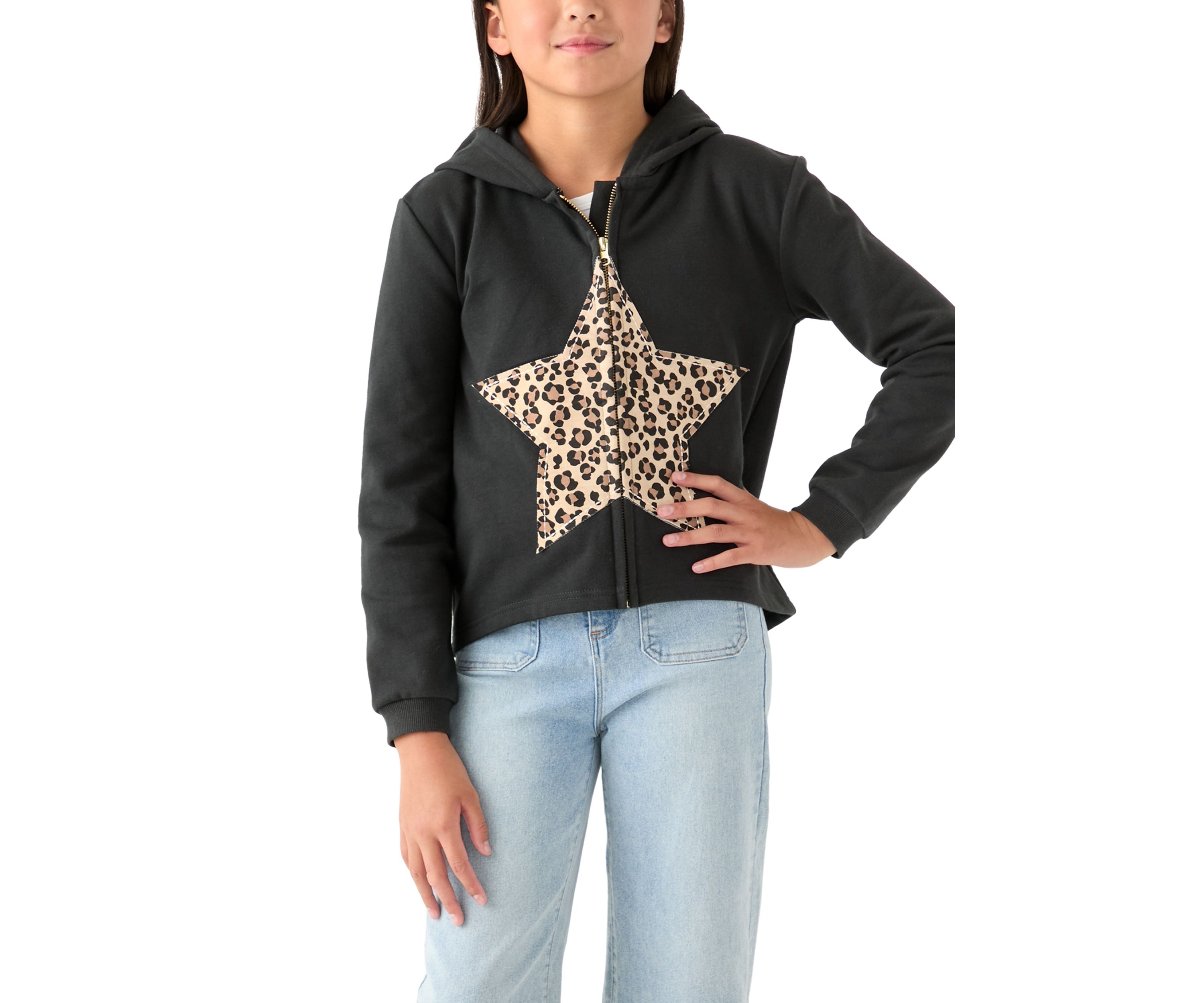 Girls 7-16 Fleece Zip Hoodie with Star Leopard Appliqué