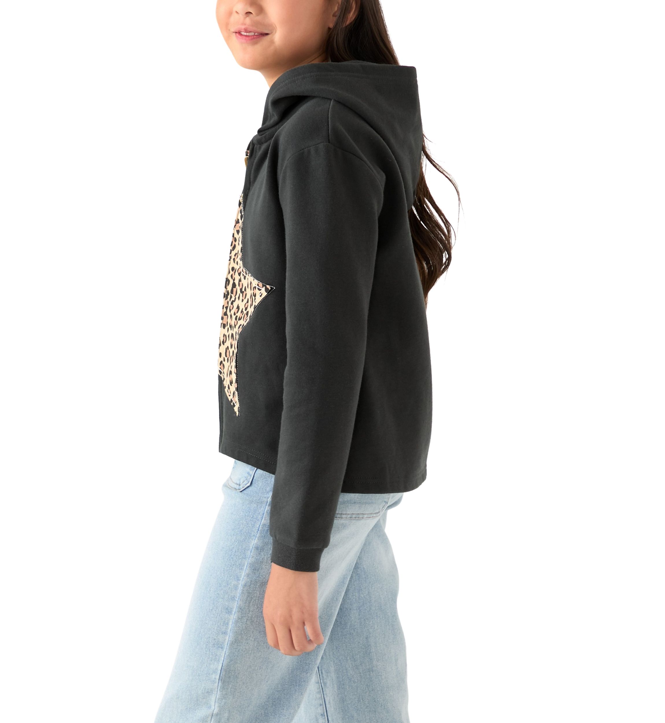 Girls 7-16 Fleece Zip Hoodie with Star Leopard Appliqué