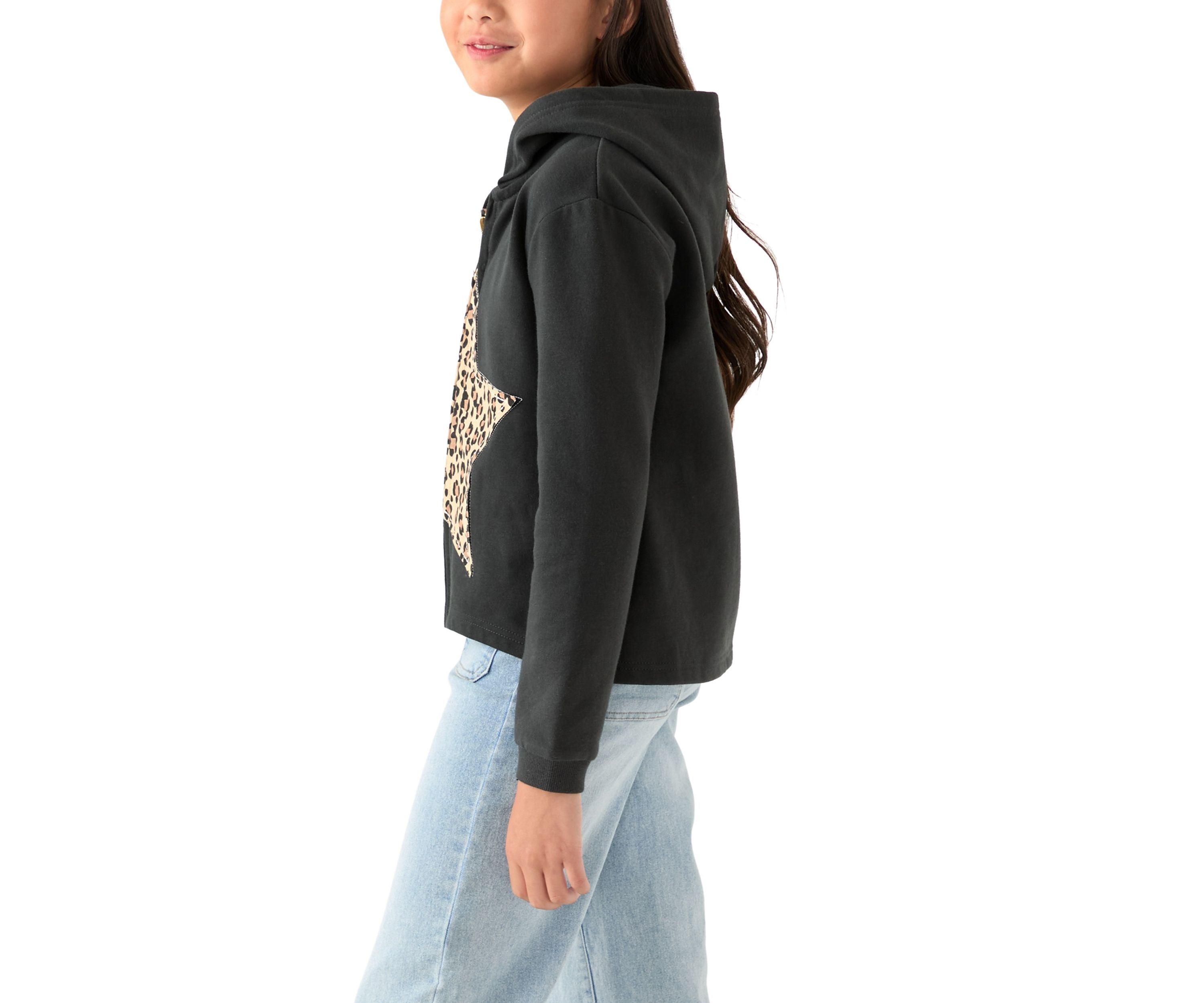 Girls 7-16 Fleece Zip Hoodie with Star Leopard Appliqué