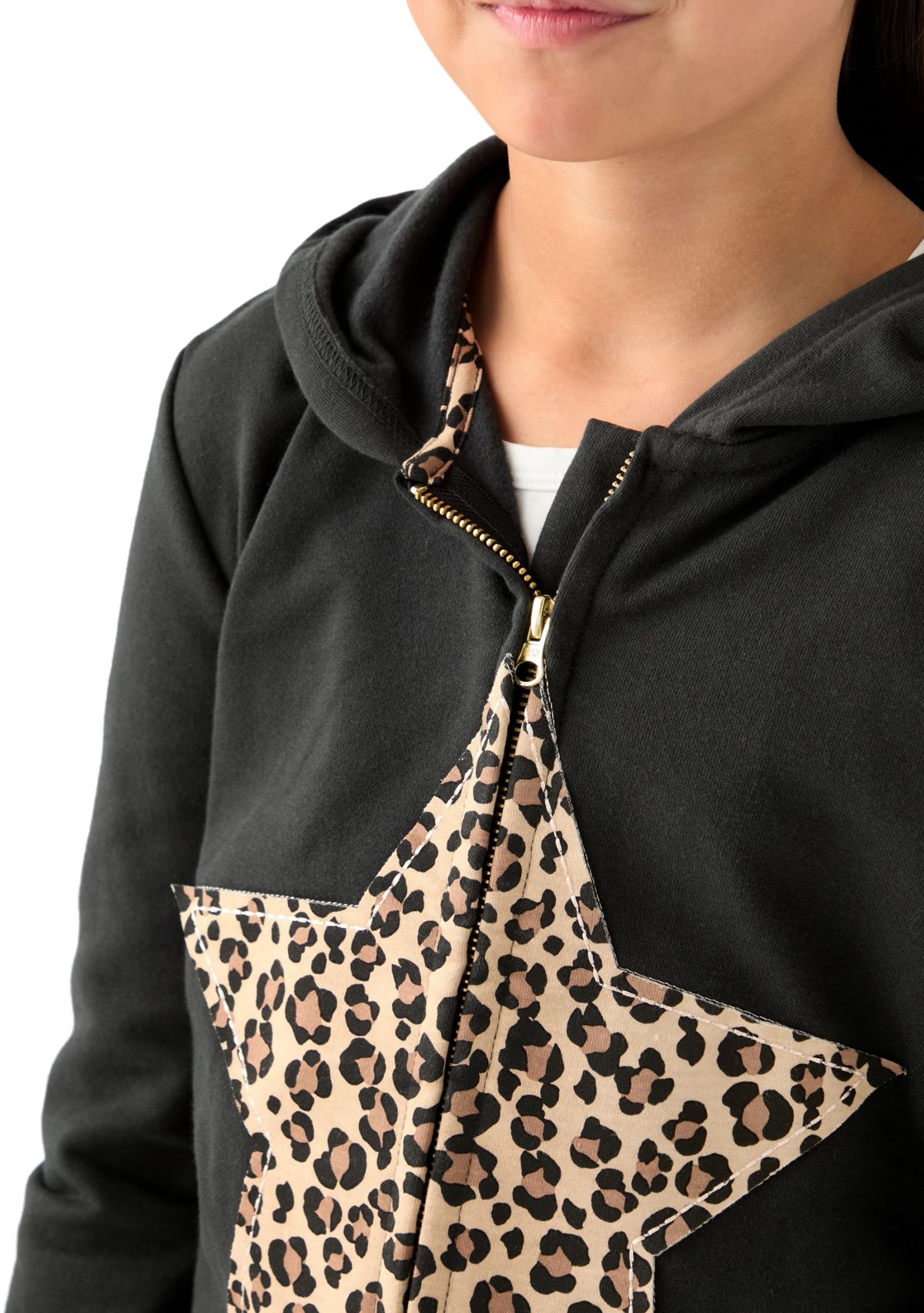 Girls 7-16 Fleece Zip Hoodie with Star Leopard Appliqué