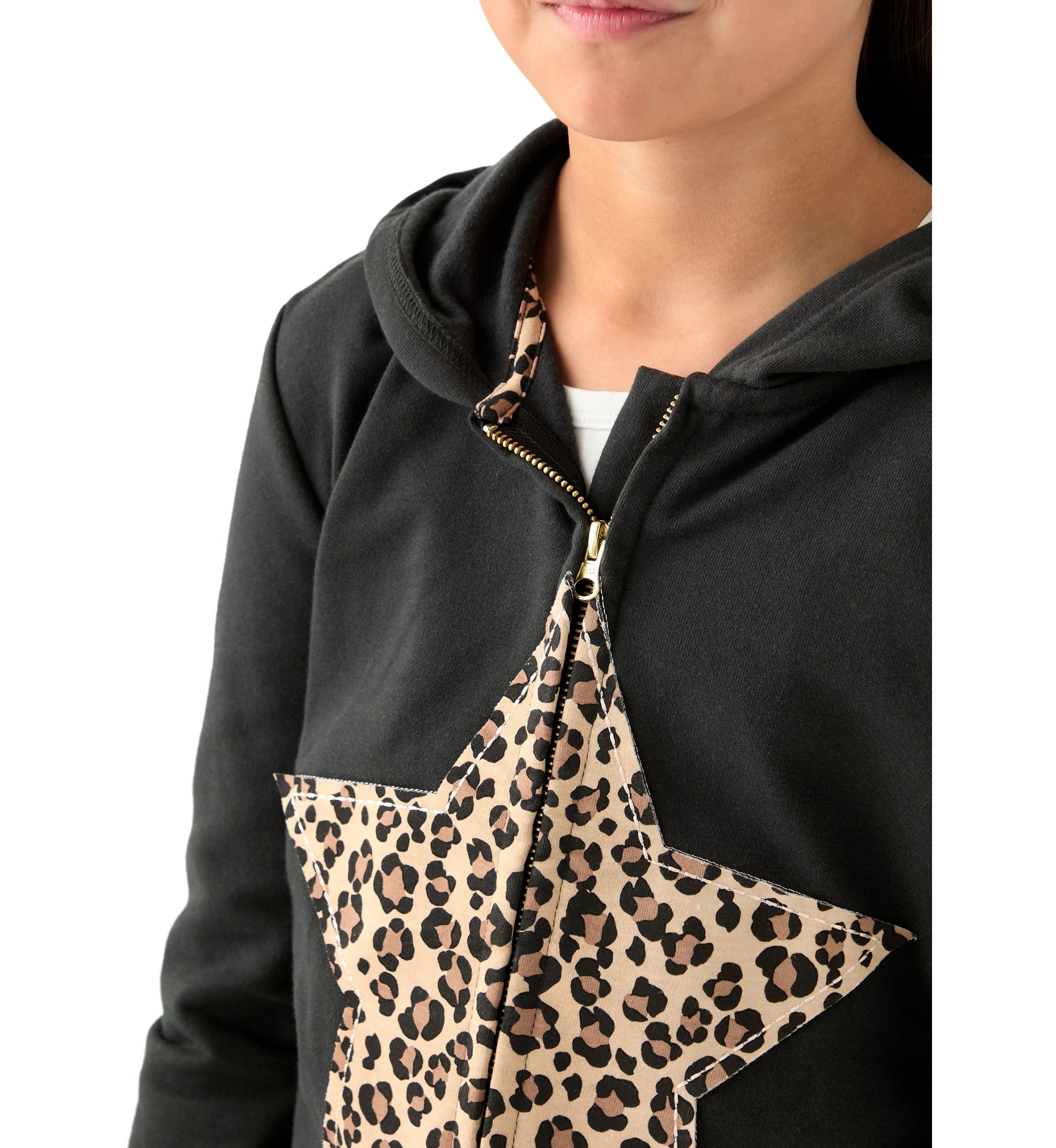 Girls 7-16 Fleece Zip Hoodie with Star Leopard Appliqué