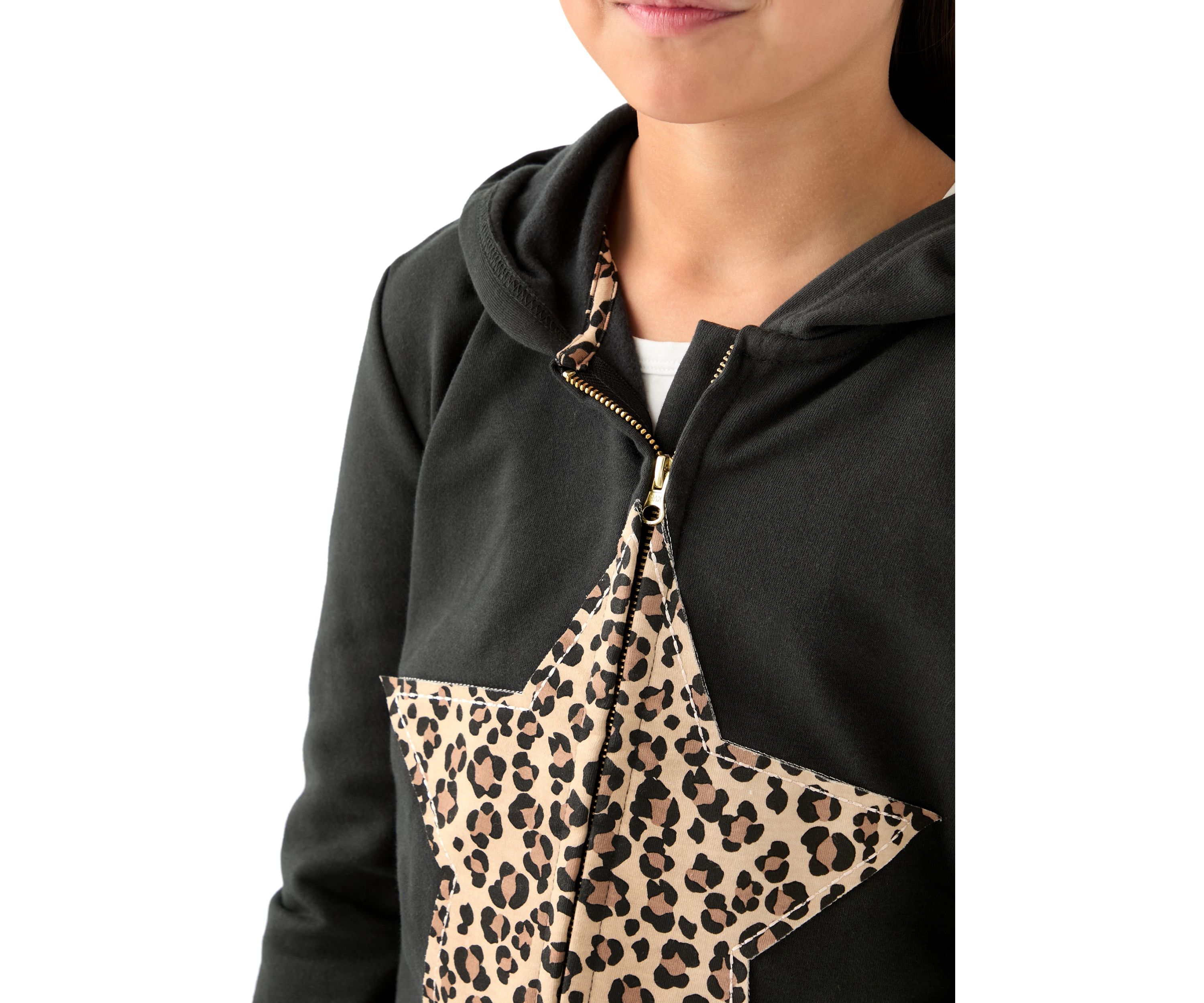 Girls 7-16 Fleece Zip Hoodie with Star Leopard Appliqué