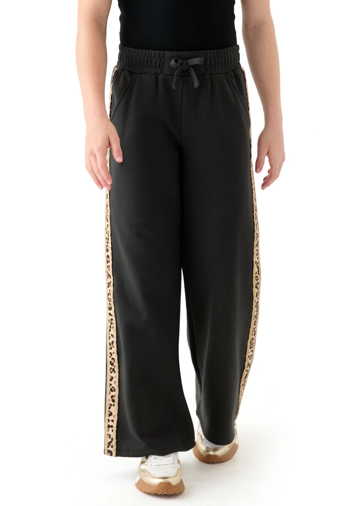 Girls 7-16 Wide Leg Fleece Pants with Leopard Printed Stripes