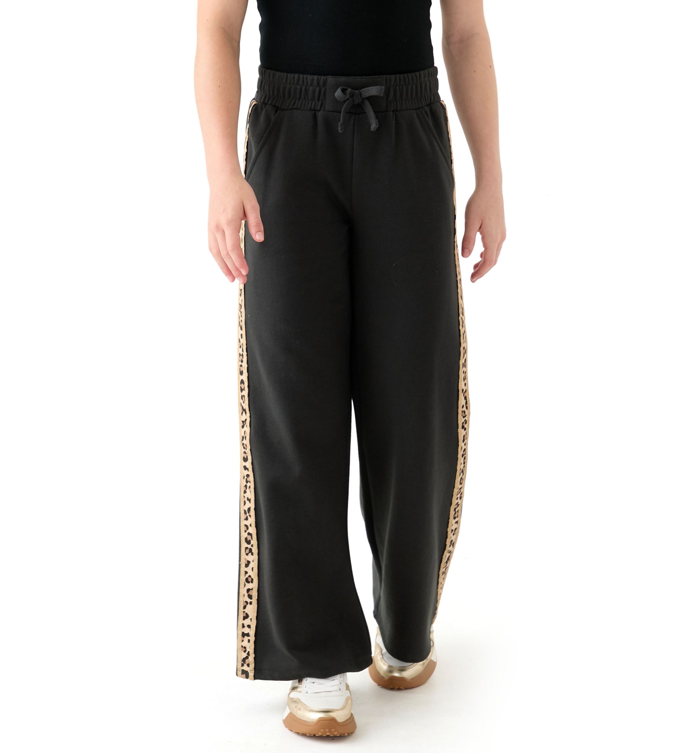Girls 7-16 Wide Leg Fleece Pants with Leopard Printed Stripes