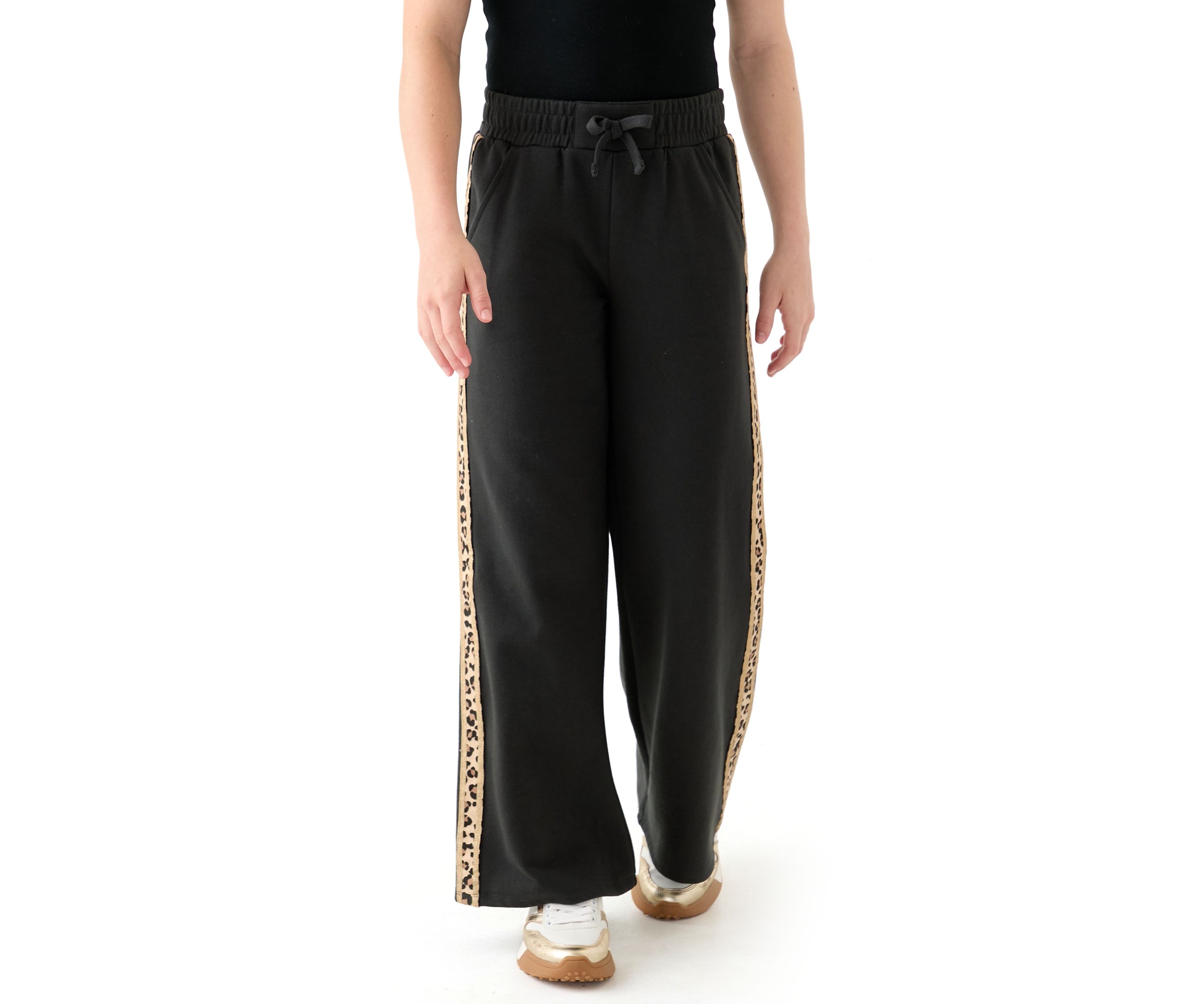 Girls 7-16 Wide Leg Fleece Pants with Leopard Printed Stripes