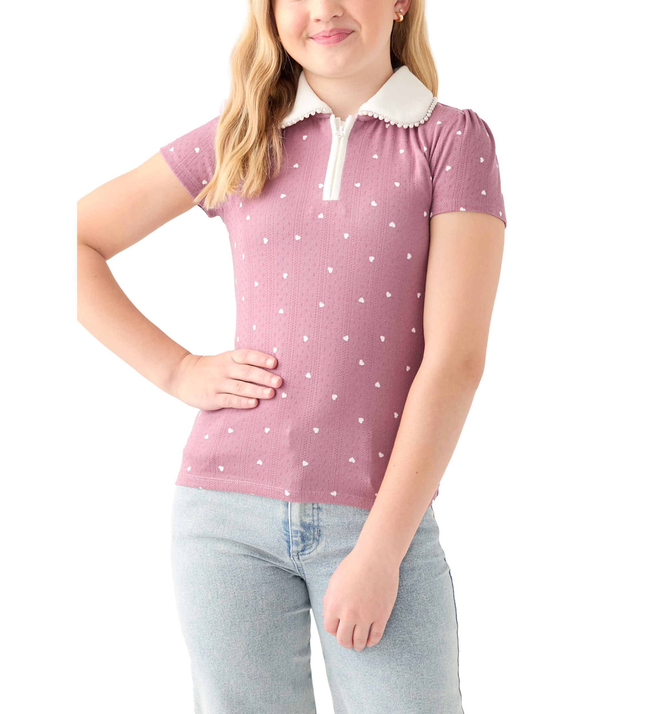 Girls 7-16 Pointelle Polo Shirt with Pearl Trim 