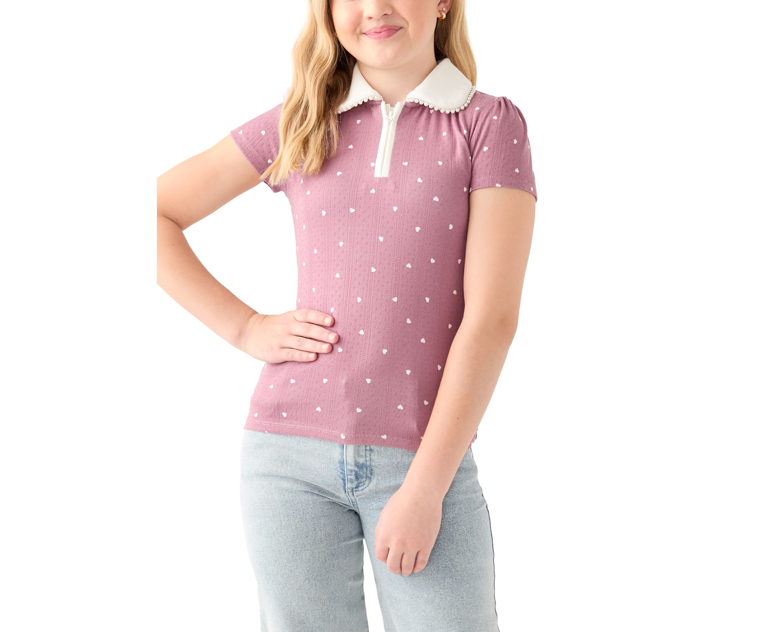 Girls 7-16 Pointelle Polo Shirt with Pearl Trim 