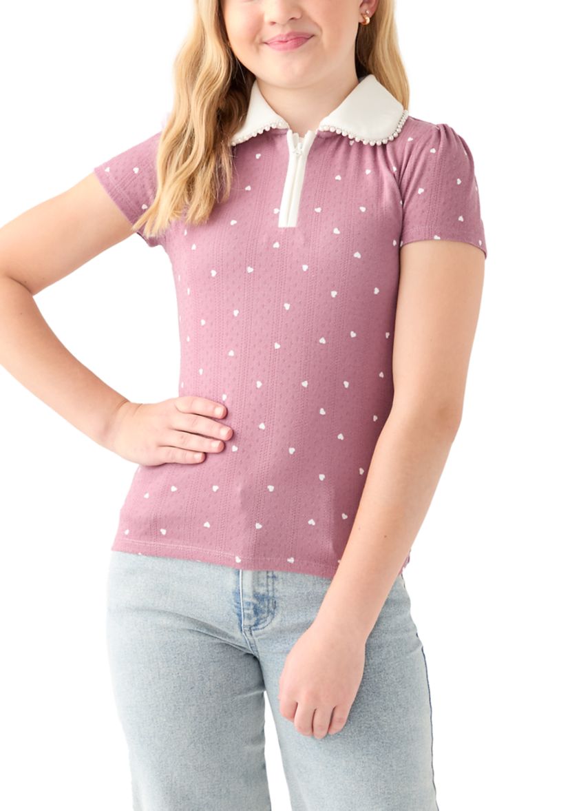 Girls 7-16 Pointelle Polo Shirt with Pearl Trim 