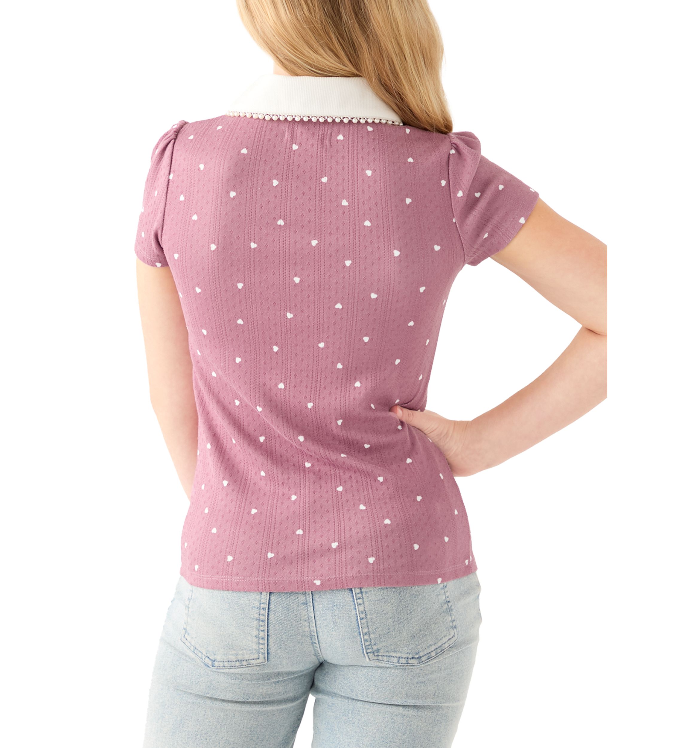 Girls 7-16 Pointelle Polo Shirt with Pearl Trim 