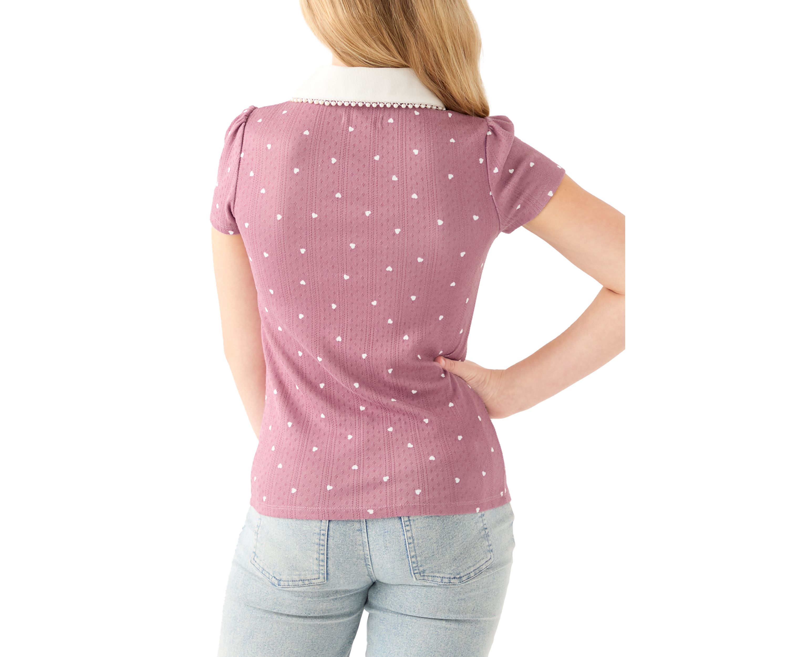 Girls 7-16 Pointelle Polo Shirt with Pearl Trim 