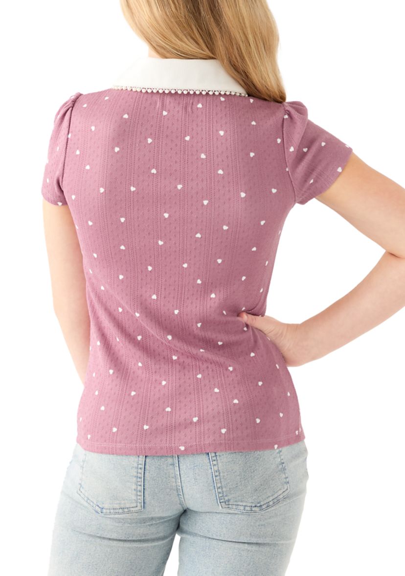 Girls 7-16 Pointelle Polo Shirt with Pearl Trim 