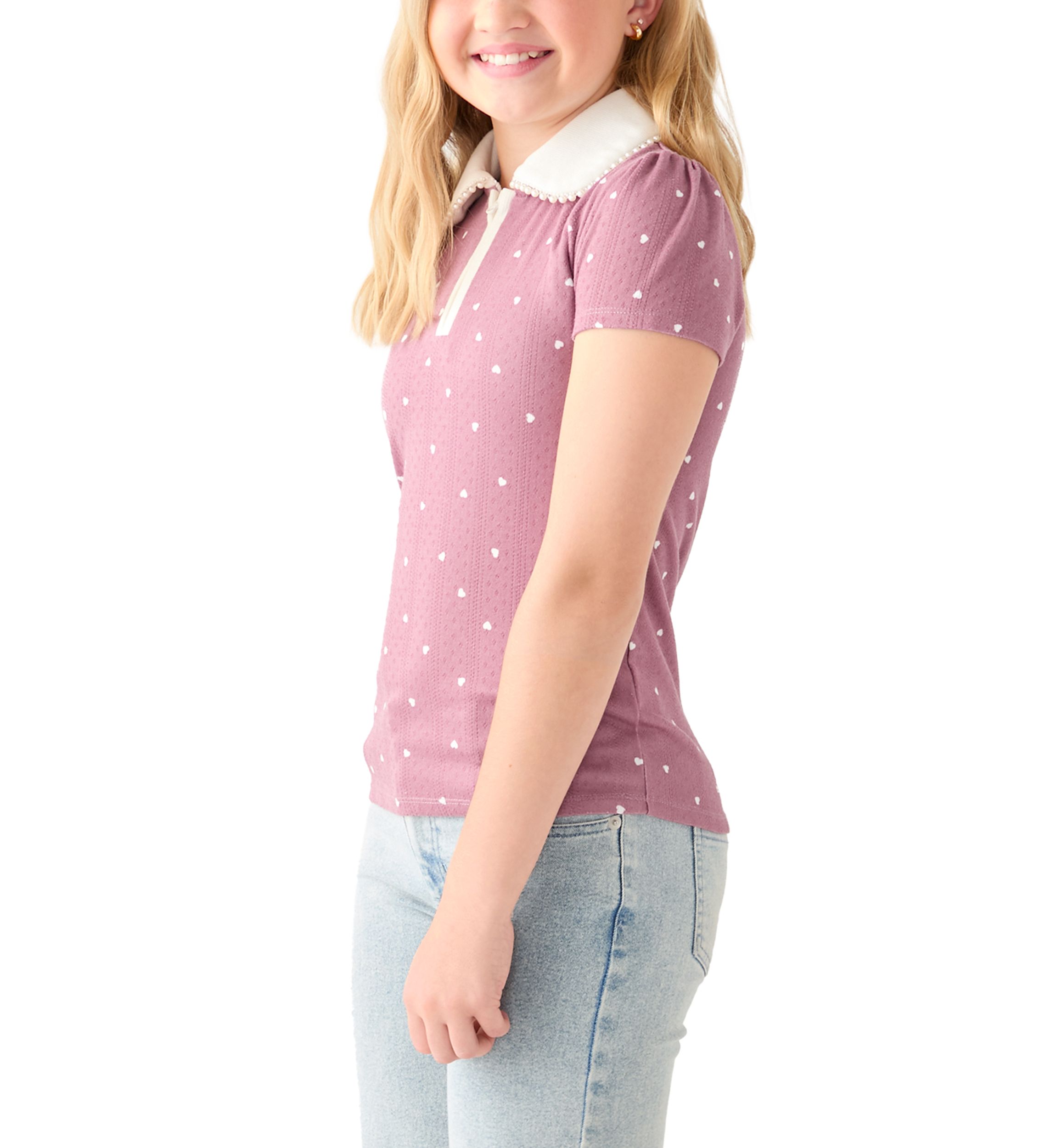 Girls 7-16 Pointelle Polo Shirt with Pearl Trim 