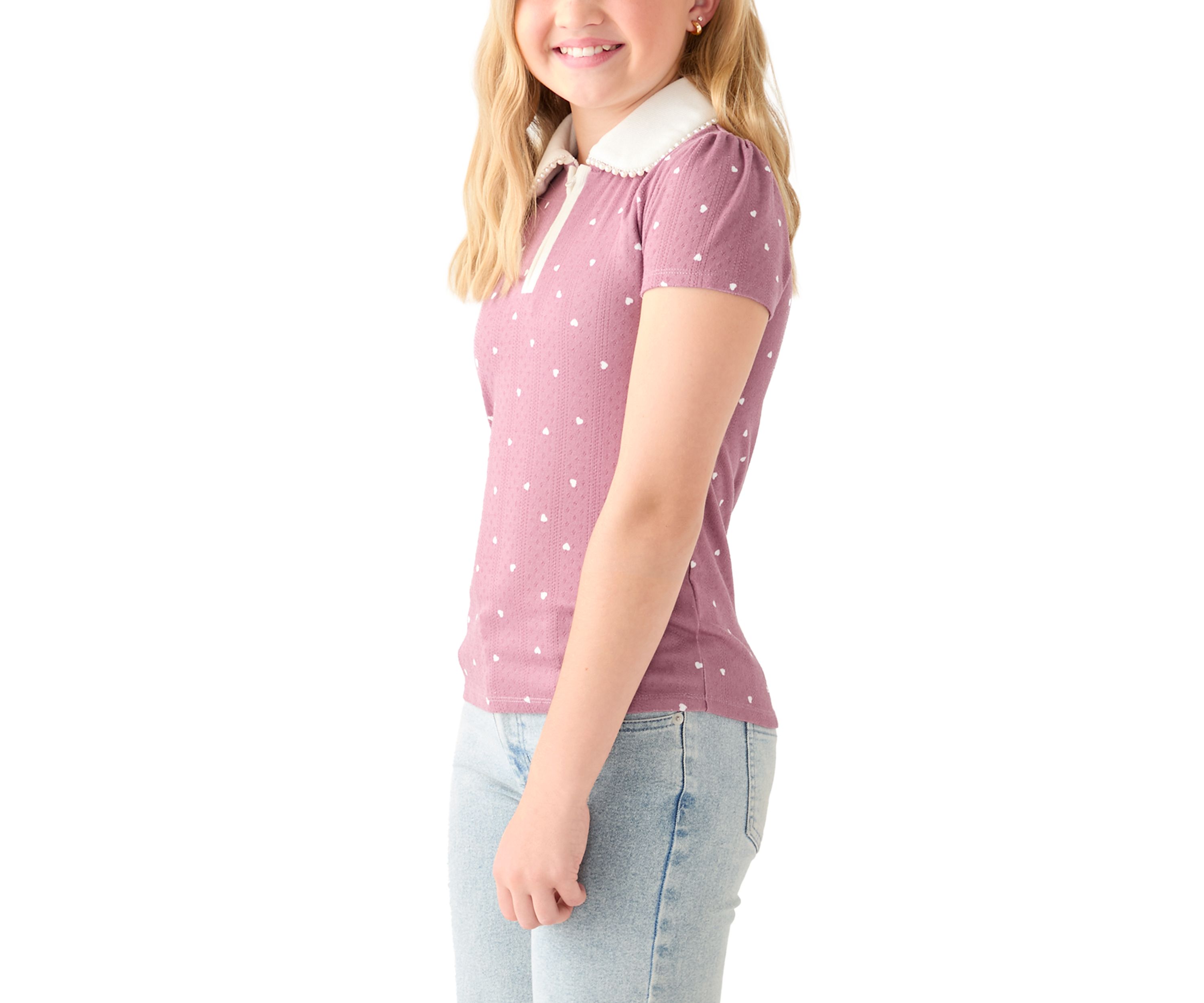 Girls 7-16 Pointelle Polo Shirt with Pearl Trim 