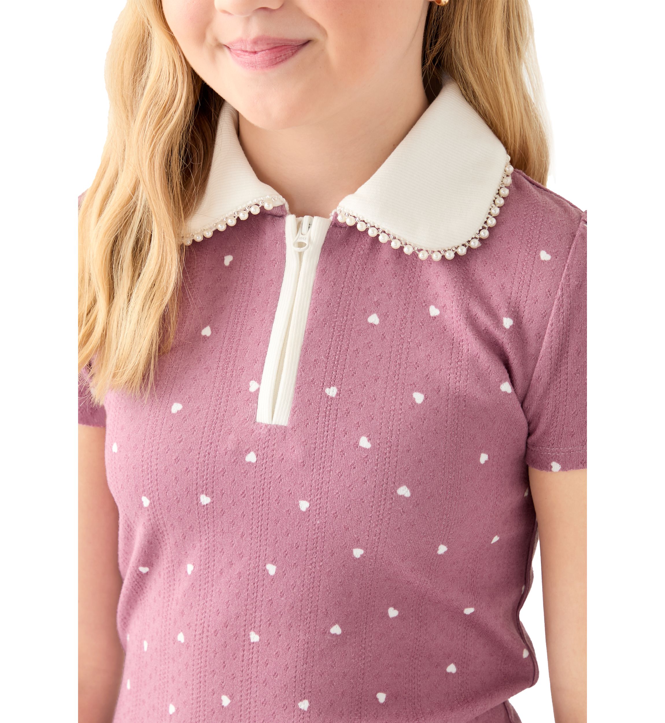 Girls 7-16 Pointelle Polo Shirt with Pearl Trim 