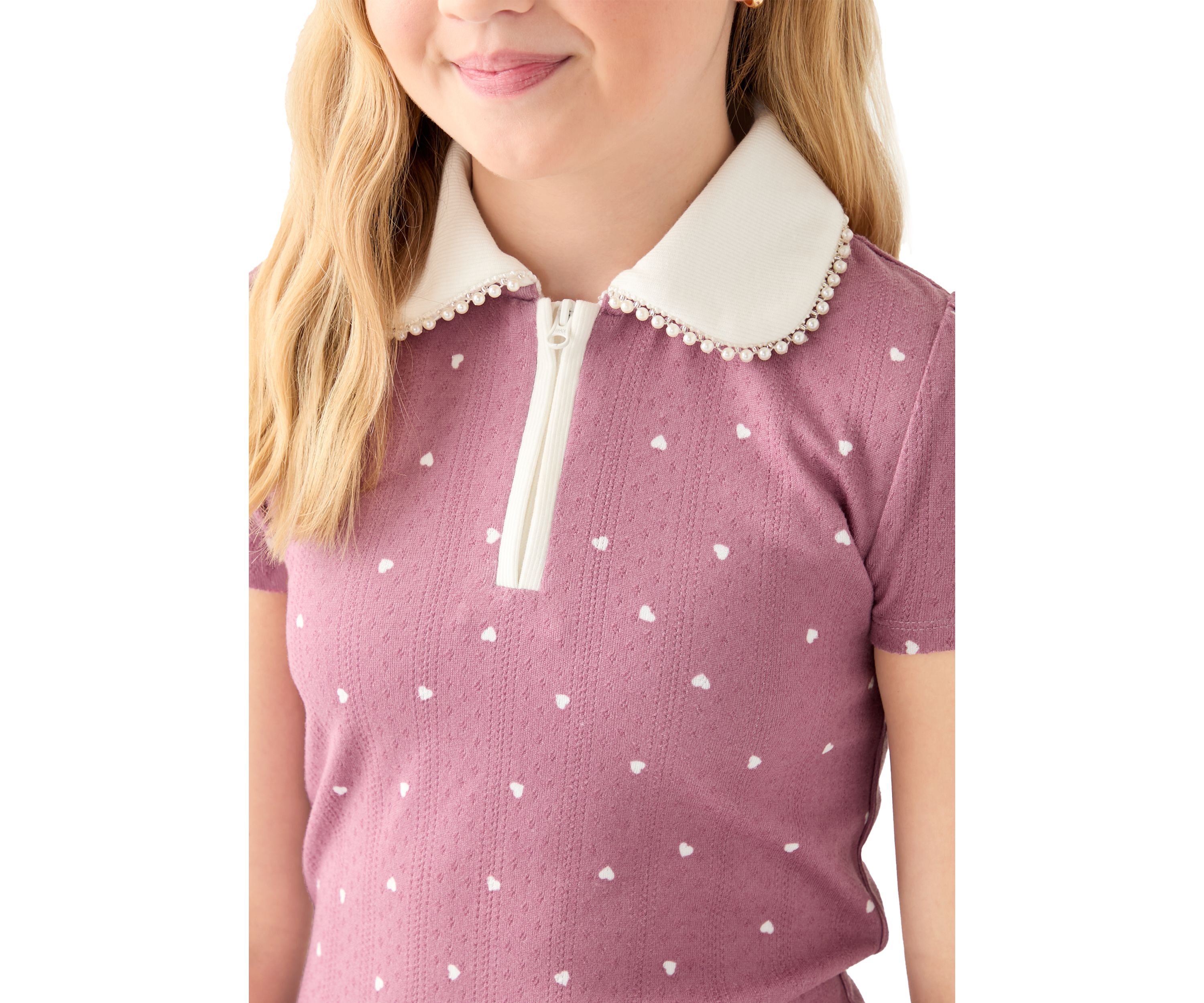 Girls 7-16 Pointelle Polo Shirt with Pearl Trim 