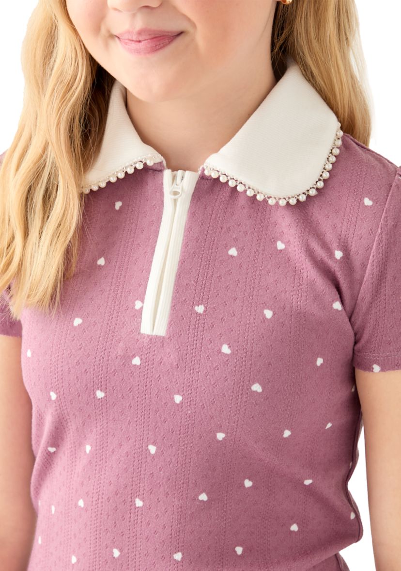 Girls 7-16 Pointelle Polo Shirt with Pearl Trim 