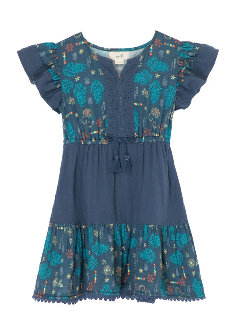Girls 7-16 Short Flutter Sleeve Floral Gauze Dress with Lace