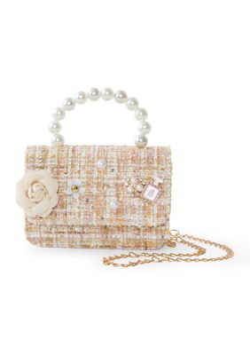 Riviera Girls Pink Tweed Purse with Pearl Handle