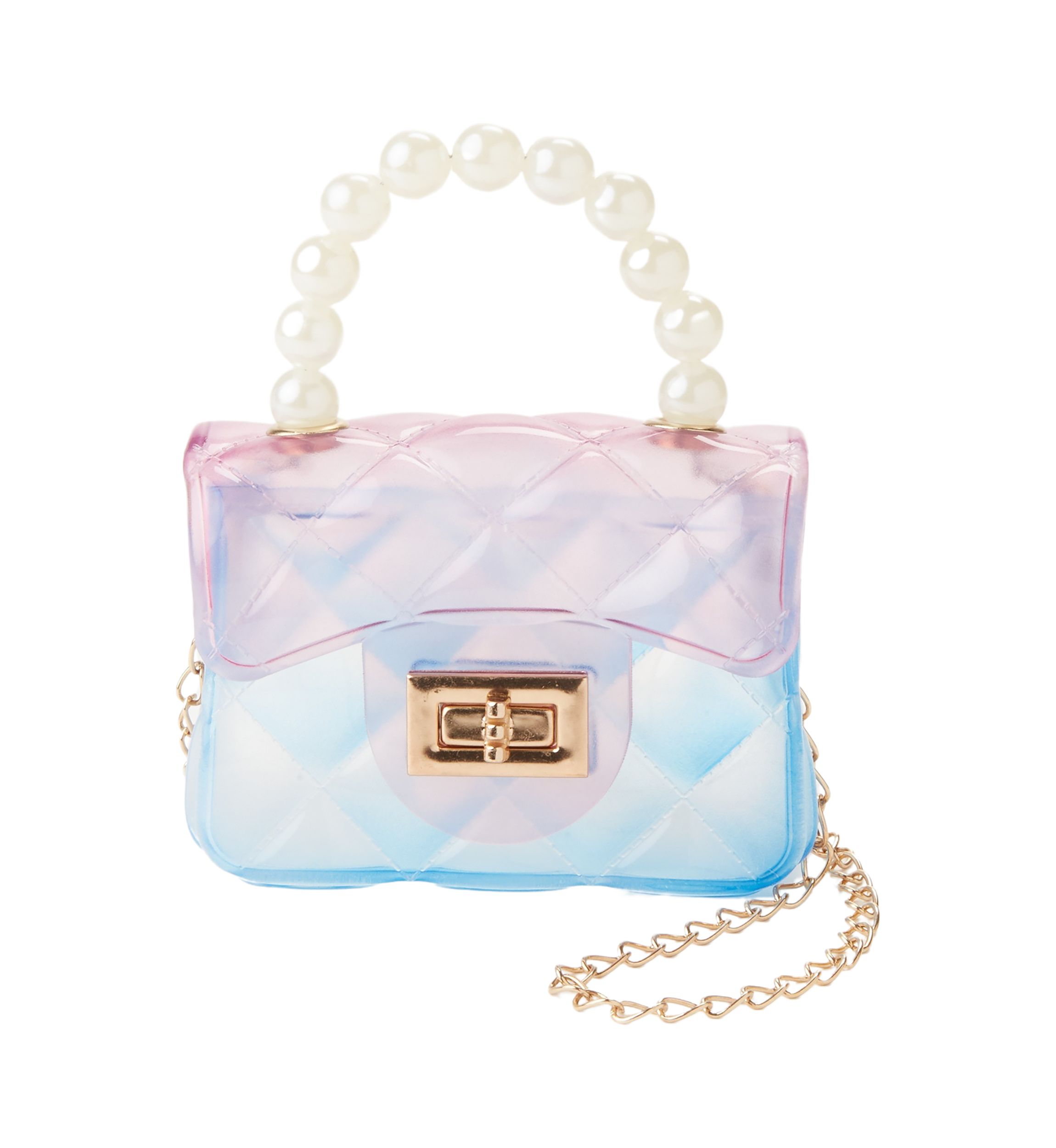 Girls Ombré Quilted Transparent Jelly Handbag with Faux Pearl Handle